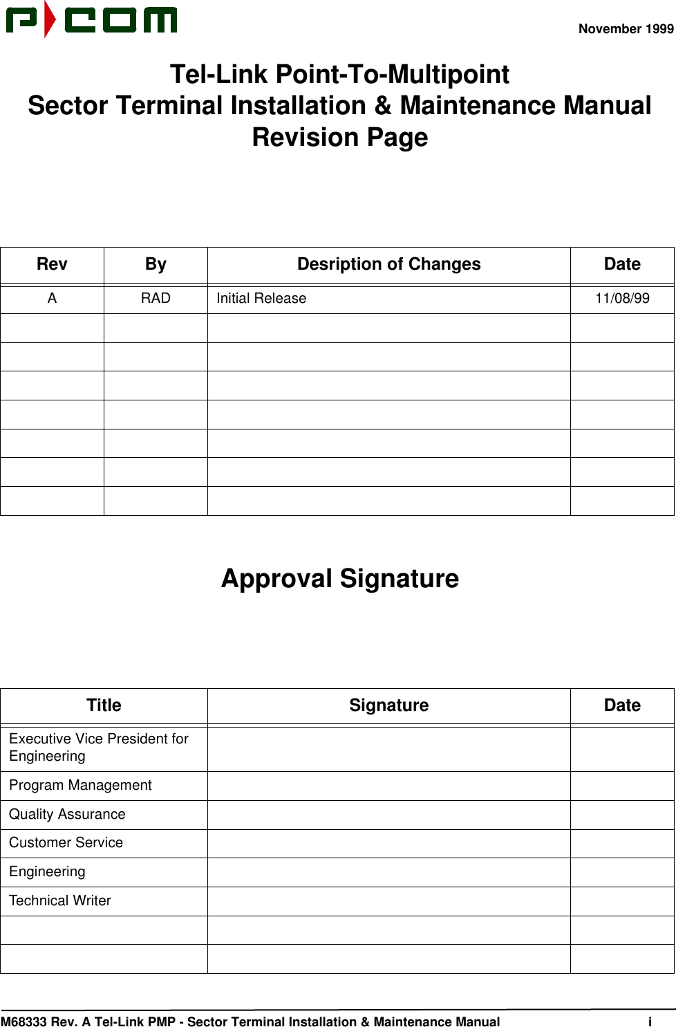 November 1999M68333 Rev. A Tel-Link PMP - Sector Terminal Installation &amp; Maintenance Manual iTel-Link Point-To-MultipointSector Terminal Installation &amp; Maintenance ManualRevision PageApproval SignatureRev By Desription of Changes DateARAD Initial Release 11/08/99Title Signature DateExecutive Vice President for EngineeringProgram ManagementQuality AssuranceCustomer ServiceEngineeringTechnical Writer