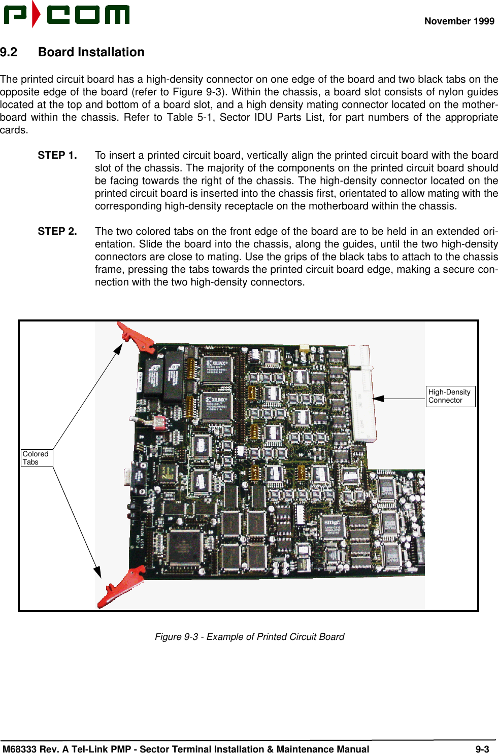 November 1999 M68333 Rev. A Tel-Link PMP - Sector Terminal Installation &amp; Maintenance Manual 9-39.2 Board InstallationThe printed circuit board has a high-density connector on one edge of the board and two black tabs on theopposite edge of the board (refer to Figure 9-3). Within the chassis, a board slot consists of nylon guideslocated at the top and bottom of a board slot, and a high density mating connector located on the mother-board within the chassis. Refer to Table 5-1, Sector IDU Parts List, for part numbers of the appropriatecards.STEP 1. To insert a printed circuit board, vertically align the printed circuit board with the boardslot of the chassis. The majority of the components on the printed circuit board shouldbe facing towards the right of the chassis. The high-density connector located on theprinted circuit board is inserted into the chassis first, orientated to allow mating with thecorresponding high-density receptacle on the motherboard within the chassis.STEP 2. The two colored tabs on the front edge of the board are to be held in an extended ori-entation. Slide the board into the chassis, along the guides, until the two high-densityconnectors are close to mating. Use the grips of the black tabs to attach to the chassisframe, pressing the tabs towards the printed circuit board edge, making a secure con-nection with the two high-density connectors.Figure 9-3 - Example of Printed Circuit BoardHigh-DensityConnectorColoredTabs