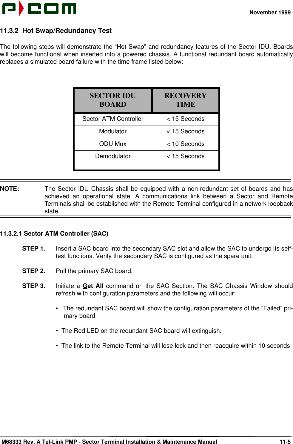 November 1999 M68333 Rev. A Tel-Link PMP - Sector Terminal Installation &amp; Maintenance Manual 11-511.3.2 Hot Swap/Redundancy TestThe following steps will demonstrate the “Hot Swap” and redundancy features of the Sector IDU. Boardswill become functional when inserted into a powered chassis. A functional redundant board automaticallyreplaces a simulated board failure with the time frame listed below:NOTE:  The Sector IDU Chassis shall be equipped with a non-redundant set of boards and hasachieved an operational state. A communications link between a Sector and RemoteTerminals shall be established with the Remote Terminal configured in a network loopbackstate.11.3.2.1 Sector ATM Controller (SAC)STEP 1. Insert a SAC board into the secondary SAC slot and allow the SAC to undergo its self-test functions. Verify the secondary SAC is configured as the spare unit.STEP 2. Pull the primary SAC board.STEP 3. Initiate a Get All command on the SAC Section. The SAC Chassis Window shouldrefresh with configuration parameters and the following will occur:•   The redundant SAC board will show the configuration parameters of the “Failed” pri-mary board.•  The Red LED on the redundant SAC board will extinguish.•  The link to the Remote Terminal will lose lock and then reacquire within 10 secondsSECTOR IDU BOARD RECOVERY TIMESector ATM Controller &lt; 15 SecondsModulator &lt; 15 SecondsODU Mux &lt; 10 SecondsDemodulator &lt; 15 Seconds