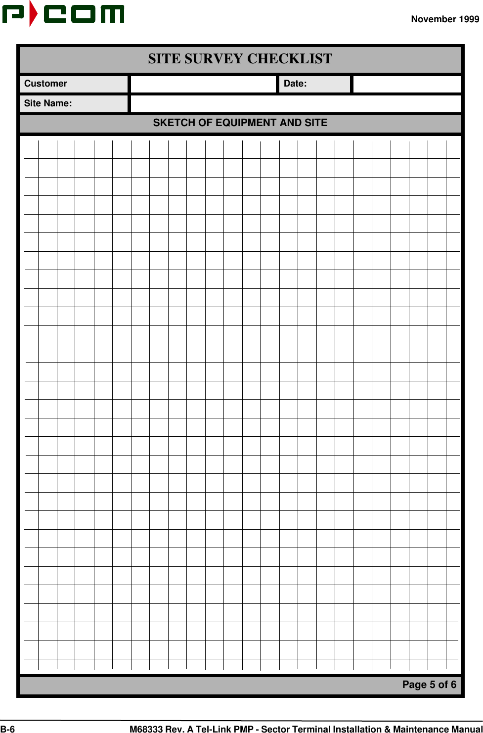 November 1999 B-6  M68333 Rev. A Tel-Link PMP - Sector Terminal Installation &amp; Maintenance ManualCustomer Date:Site Name:SKETCH OF EQUIPMENT AND SITEPage 5 of 6SITE SURVEY CHECKLIST
