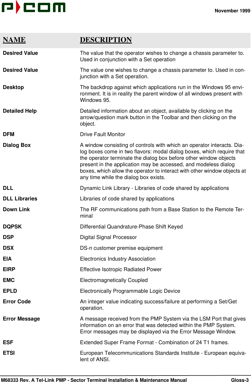 November 1999 M68333 Rev. A Tel-Link PMP - Sector Terminal Installation &amp; Maintenance Manual Gloss-3Desired Value The value that the operator wishes to change a chassis parameter to. Used in conjunction with a Set operationDesired Value The value one wishes to change a chassis parameter to. Used in con-junction with a Set operation.Desktop The backdrop against which applications run in the Windows 95 envi-ronment. It is in reality the parent window of all windows present with Windows 95.Detailed Help Detailed information about an object, available by clicking on the arrow/question mark button in the Toolbar and then clicking on the object.DFM Drive Fault MonitorDialog Box A window consisting of controls with which an operator interacts. Dia-log boxes come in two flavors: modal dialog boxes, which require that the operator terminate the dialog box before other window objects present in the application may be accessed, and modeless dialog boxes, which allow the operator to interact with other window objects at any time while the dialog box exists.DLL Dynamic Link Library - Libraries of code shared by applicationsDLL Libraries Libraries of code shared by applicationsDown Link The RF communications path from a Base Station to the Remote Ter-minalDQPSK Differential Quandrature-Phase Shift KeyedDSP Digital Signal ProcessorDSX DS-n customer premise equipmentEIA Electronics Industry AssociationEIRP Effective Isotropic Radiated PowerEMC Electromagnetically CoupledEPLD Electronically Programmable Logic DeviceError Code An integer value indicating success/failure at performing a Set/Get operation.Error Message A message received from the PMP System via the LSM Port that gives information on an error that was detected within the PMP System. Error messages may be displayed via the Error Message Window.ESF Extended Super Frame Format - Combination of 24 T1 frames.ETSI European Telecommunications Standards Institute - European equiva-lent of ANSI.NAME DESCRIPTION