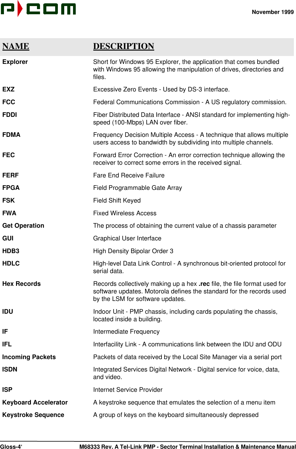 November 1999 Gloss-4‘ M68333 Rev. A Tel-Link PMP - Sector Terminal Installation &amp; Maintenance ManualExplorer Short for Windows 95 Explorer, the application that comes bundled with Windows 95 allowing the manipulation of drives, directories and files.EXZ Excessive Zero Events - Used by DS-3 interface.FCC Federal Communications Commission - A US regulatory commission.FDDI Fiber Distributed Data Interface - ANSI standard for implementing high-speed (100-Mbps) LAN over fiber.FDMA Frequency Decision Multiple Access - A technique that allows multiple users access to bandwidth by subdividing into multiple channels.FEC Forward Error Correction - An error correction technique allowing the receiver to correct some errors in the received signal.FERF Fare End Receive FailureFPGA Field Programmable Gate ArrayFSK Field Shift KeyedFWA Fixed Wireless AccessGet Operation The process of obtaining the current value of a chassis parameterGUI Graphical User InterfaceHDB3 High Density Bipolar Order 3HDLC High-level Data Link Control - A synchronous bit-oriented protocol for serial data.Hex Records Records collectively making up a hex .rec file, the file format used for software updates. Motorola defines the standard for the records used by the LSM for software updates.IDU Indoor Unit - PMP chassis, including cards populating the chassis, located inside a building.IF Intermediate FrequencyIFL Interfacility Link - A communications link between the IDU and ODUIncoming Packets Packets of data received by the Local Site Manager via a serial portISDN Integrated Services Digital Network - Digital service for voice, data, and video.ISP Internet Service ProviderKeyboard Accelerator A keystroke sequence that emulates the selection of a menu itemKeystroke Sequence A group of keys on the keyboard simultaneously depressedNAME DESCRIPTION