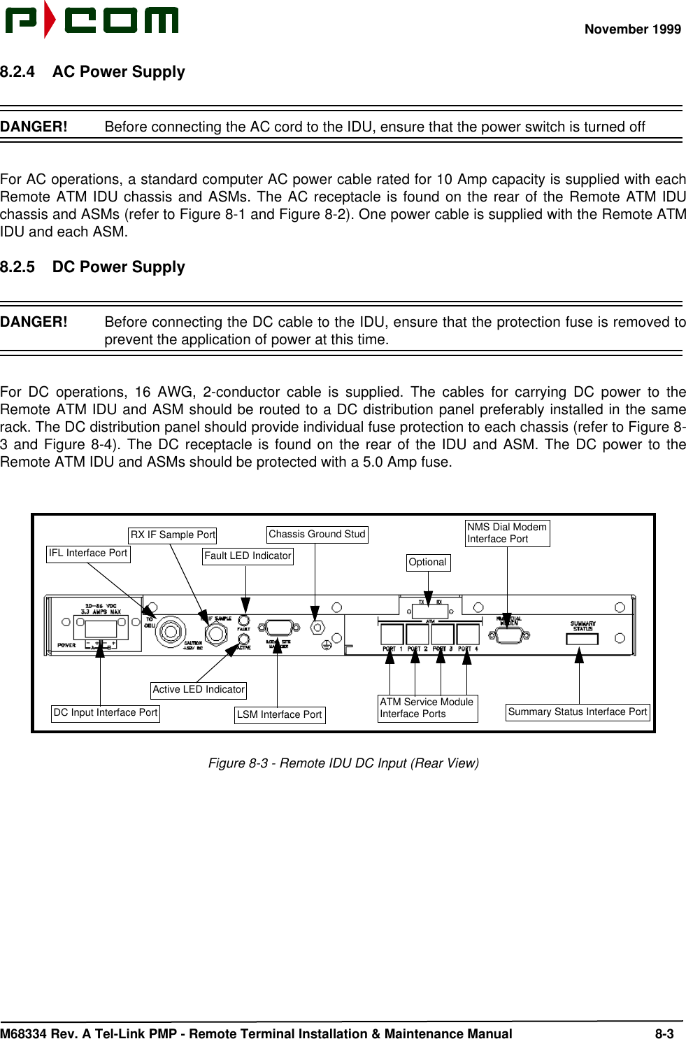 November 1999M68334 Rev. A Tel-Link PMP - Remote Terminal Installation &amp; Maintenance Manual 8-38.2.4 AC Power SupplyDANGER!  Before connecting the AC cord to the IDU, ensure that the power switch is turned offFor AC operations, a standard computer AC power cable rated for 10 Amp capacity is supplied with eachRemote ATM IDU chassis and ASMs. The AC receptacle is found on the rear of the Remote ATM IDUchassis and ASMs (refer to Figure 8-1 and Figure 8-2). One power cable is supplied with the Remote ATMIDU and each ASM. 8.2.5 DC Power SupplyDANGER!  Before connecting the DC cable to the IDU, ensure that the protection fuse is removed toprevent the application of power at this time.For DC operations, 16 AWG, 2-conductor cable is supplied. The cables for carrying DC power to theRemote ATM IDU and ASM should be routed to a DC distribution panel preferably installed in the samerack. The DC distribution panel should provide individual fuse protection to each chassis (refer to Figure 8-3 and Figure 8-4). The DC receptacle is found on the rear of the IDU and ASM. The DC power to theRemote ATM IDU and ASMs should be protected with a 5.0 Amp fuse.Figure 8-3 - Remote IDU DC Input (Rear View)DC Input Interface PortIFL Interface PortLSM Interface PortActive LED IndicatorFault LED IndicatorChassis Ground StudSummary Status Interface PortNMS Dial ModemInterface PortATM Service ModuleInterface PortsOptionalRX IF Sample Port
