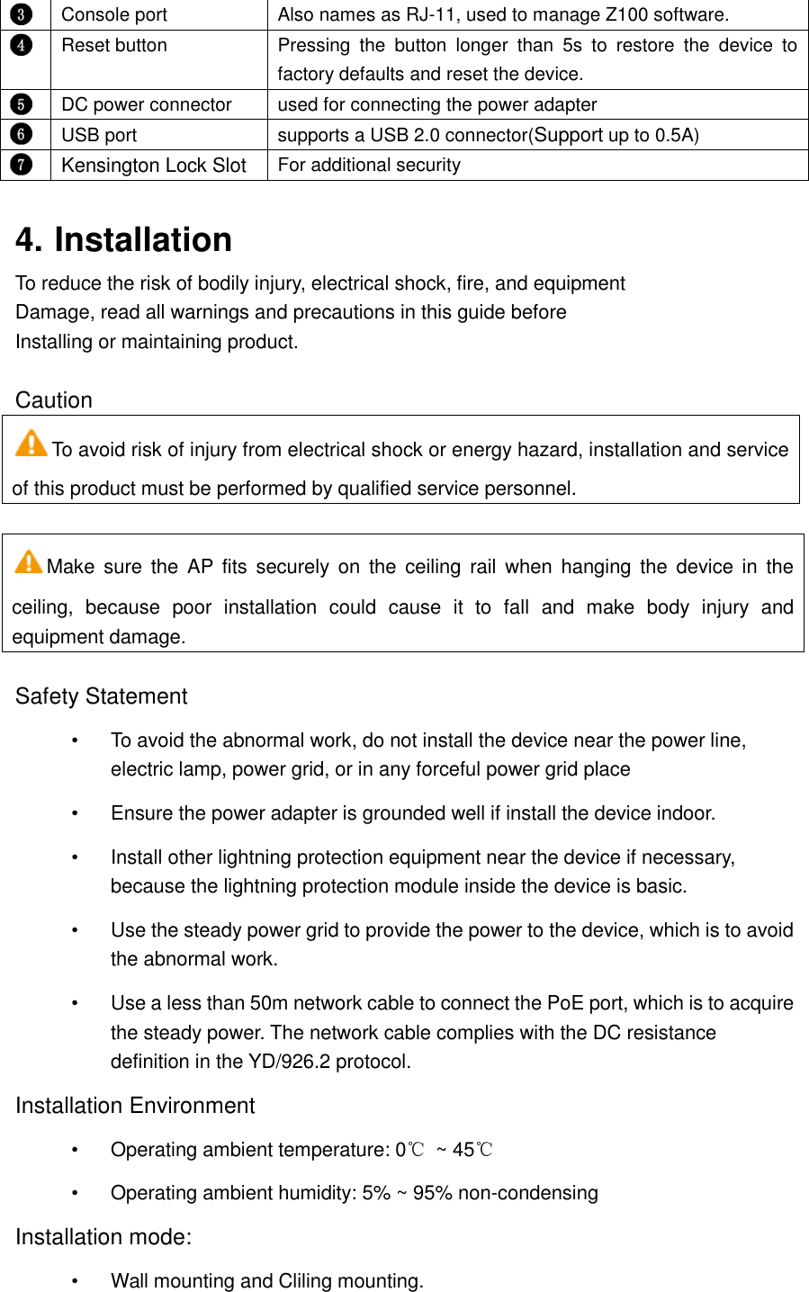  Console port Also names as RJ-11, used to manage Z100 software.  Reset button Pressing  the  button  longer  than  5s  to  restore  the  device  to factory defaults and reset the device.  DC power connector used for connecting the power adapter  USB port supports a USB 2.0 connector(Support up to 0.5A)  Kensington Lock Slot  For additional security  4. Installation To reduce the risk of bodily injury, electrical shock, fire, and equipment   Damage, read all warnings and precautions in this guide before   Installing or maintaining product.  Caution To avoid risk of injury from electrical shock or energy hazard, installation and service of this product must be performed by qualified service personnel.  Make  sure  the  AP  fits  securely  on  the  ceiling  rail  when  hanging the  device  in  the ceiling,  because  poor  installation  could  cause  it  to  fall  and  make  body  injury  and equipment damage.  Safety Statement &bull;  To avoid the abnormal work, do not install the device near the power line, electric lamp, power grid, or in any forceful power grid place &bull;  Ensure the power adapter is grounded well if install the device indoor.   &bull;  Install other lightning protection equipment near the device if necessary, because the lightning protection module inside the device is basic. &bull;  Use the steady power grid to provide the power to the device, which is to avoid the abnormal work. &bull;  Use a less than 50m network cable to connect the PoE port, which is to acquire the steady power. The network cable complies with the DC resistance definition in the YD/926.2 protocol. Installation Environment &bull;  Operating ambient temperature: 0℃  ~ 45℃ &bull;  Operating ambient humidity: 5% ~ 95% non-condensing Installation mode:   &bull;  Wall mounting and Cliling mounting. 