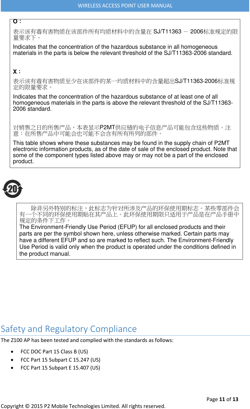  Page 11 of 13 Copyright &copy; 2015 P2 Mobile Technologies Limited. All rights reserved.   WIRELESS ACCESS POINT USER MANUAL O： 表示该有毒有害物质在该部件所有均质材料中的含量在 SJ/T11363 － 2006标准规定的限量要求下。 Indicates that the concentration of the hazardous substance in all homogeneous materials in the parts is below the relevant threshold of the SJ/T11363-2006 standard.  X： 表示该有毒有害物质至少在该部件的某一均质材料中的含量超出SJ/T11363-2006标准规定的限量要求。 Indicates that the concentration of the hazardous substance of at least one of all homogeneous materials in the parts is above the relevant threshold of the SJ/T11363-2006 standard.  对销售之日的所售产品，本表显示P2MT供应链的电子信息产品可能包含这些物质。注意：在所售产品中可能会也可能不会含有所有所列的部件。 This table shows where these substances may be found in the supply chain of P2MT electronic information products, as of the date of sale of the enclosed product. Note that some of the component types listed above may or may not be a part of the enclosed product.   除非另外特别的标注，此标志为针对所涉及产品的环保使用期标志。某些零部件会有一个不同的环保使用期贴在其产品上。此环保使用期限只适用于产品是在产品手册中规定的条件下工作。             The Environment-Friendly Use Period (EFUP) for all enclosed products and their parts are per the symbol shown here, unless otherwise marked. Certain parts may have a different EFUP and so are marked to reflect such. The Environment-Friendly Use Period is valid only when the product is operated under the conditions defined in the product manual.      Safety and Regulatory Compliance The Z100 AP has been tested and complied with the standards as follows:  FCC DOC Part 15 Class B (US)  FCC Part 15 Subpart C 15.247 (US)  FCC Part 15 Subpart E 15.407 (US) 