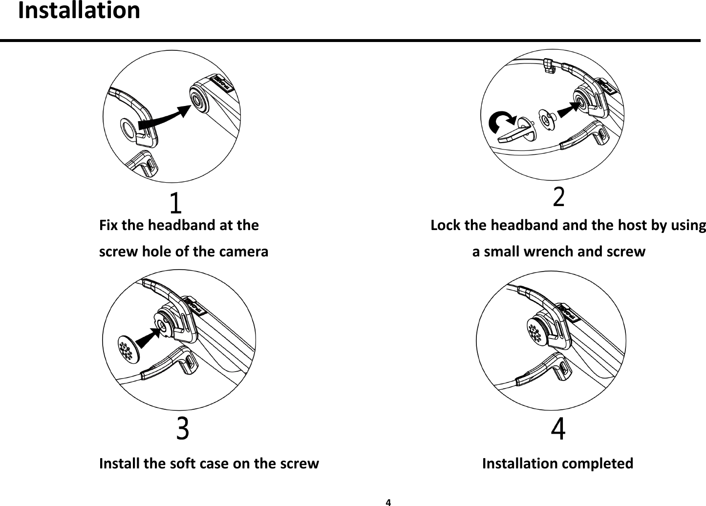 4InstallationFix the headband at the Lock the headband and the host by usingscrew hole of the camera a small wrench and screwInstall the soft case on the screw Installation completed