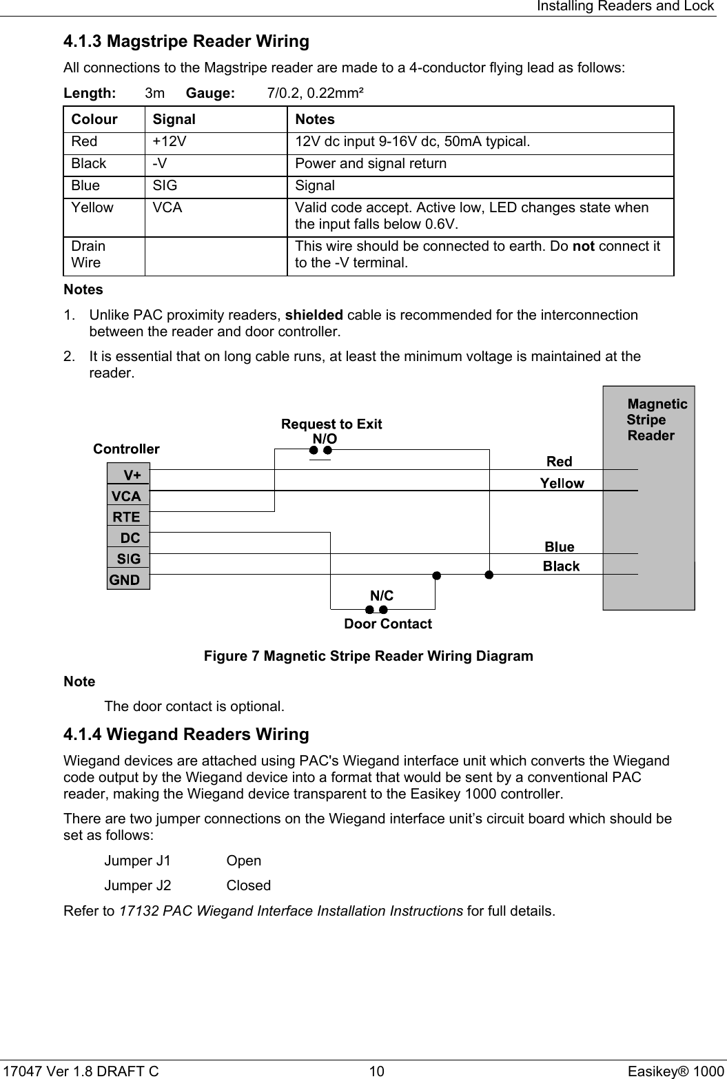 Installing Readers and Lock17047 Ver 1.8 DRAFT C  10 Easikey® 10004.1.3 Magstripe Reader WiringAll connections to the Magstripe reader are made to a 4-conductor flying lead as follows:Length: 3m Gauge: 7/0.2, 0.22mm²Colour Signal NotesRed +12V 12V dc input 9-16V dc, 50mA typical.Black -V Power and signal returnBlue SIG SignalYellow VCA Valid code accept. Active low, LED changes state whenthe input falls below 0.6V.DrainWireThis wire should be connected to earth. Do not connect itto the -V terminal.Notes1.  Unlike PAC proximity readers, shielded cable is recommended for the interconnectionbetween the reader and door controller.2.  It is essential that on long cable runs, at least the minimum voltage is maintained at thereader.Figure 7 Magnetic Stripe Reader Wiring DiagramNoteThe door contact is optional.4.1.4 Wiegand Readers WiringWiegand devices are attached using PAC&apos;s Wiegand interface unit which converts the Wiegandcode output by the Wiegand device into a format that would be sent by a conventional PACreader, making the Wiegand device transparent to the Easikey 1000 controller.There are two jumper connections on the Wiegand interface unit’s circuit board which should beset as follows:Jumper J1 OpenJumper J2 ClosedRefer to 17132 PAC Wiegand Interface Installation Instructions for full details.