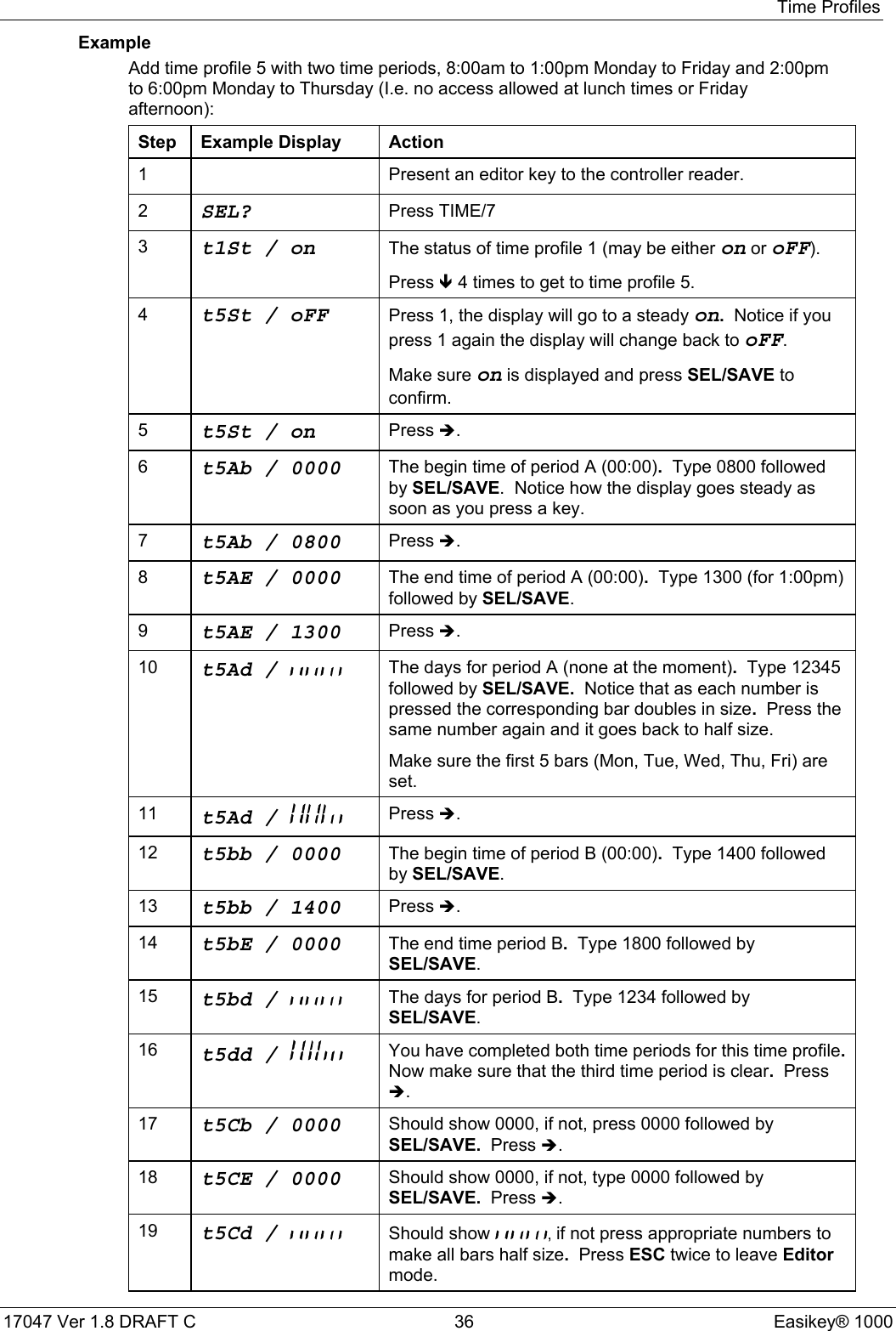 Time Profiles17047 Ver 1.8 DRAFT C  36 Easikey® 1000ExampleAdd time profile 5 with two time periods, 8:00am to 1:00pm Monday to Friday and 2:00pmto 6:00pm Monday to Thursday (I.e. no access allowed at lunch times or Fridayafternoon):Step Example Display Action1 Present an editor key to the controller reader.2SEL? Press TIME/73t1St / on The status of time profile 1 (may be either on or oFF).Press Ð 4 times to get to time profile 5.4t5St / oFF Press 1, the display will go to a steady on.  Notice if youpress 1 again the display will change back to oFF.Make sure on is displayed and press SEL/SAVE toconfirm.5t5St / on Press Î.6t5Ab / 0000 The begin time of period A (00:00).  Type 0800 followedby SEL/SAVE.  Notice how the display goes steady assoon as you press a key.7t5Ab / 0800 Press Î.8t5AE / 0000 The end time of period A (00:00).  Type 1300 (for 1:00pm)followed by SEL/SAVE.9t5AE / 1300 Press Î.10 t5Ad / The days for period A (none at the moment).  Type 12345followed by SEL/SAVE.  Notice that as each number ispressed the corresponding bar doubles in size.  Press thesame number again and it goes back to half size.Make sure the first 5 bars (Mon, Tue, Wed, Thu, Fri) areset.11 t5Ad / Press Î.12 t5bb / 0000 The begin time of period B (00:00).  Type 1400 followedby SEL/SAVE.13 t5bb / 1400 Press Î.14 t5bE / 0000 The end time period B.  Type 1800 followed bySEL/SAVE.15 t5bd / The days for period B.  Type 1234 followed bySEL/SAVE.16 t5dd / You have completed both time periods for this time profile.Now make sure that the third time period is clear.  PressÎ.17 t5Cb / 0000 Should show 0000, if not, press 0000 followed bySEL/SAVE.  Press Î.18 t5CE / 0000 Should show 0000, if not, type 0000 followed bySEL/SAVE.  Press Î.19 t5Cd / Should show  , if not press appropriate numbers tomake all bars half size.  Press ESC twice to leave Editormode.