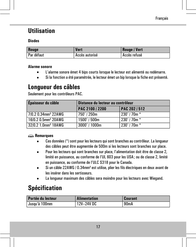 UtilisationDiodesRouge / VertVertRougeAccès refuséAccès autoriséPar défautAlarme sonore•L’alarme sonore émet 4 bips courts lorsque le lecteur est alimenté ou redémarre.•Si la fonction a été paramétrée, le lecteur émet un bip lorsque la fiche est présenté.Longueur des câblesSeulement pour les contrôleurs PAC.Distance du lecteur au contrôleurÉpaisseur du câblePAC 202 / 512PAC 2100 / 2200230′ / 70m *750′ / 250m7/0.2 0.34mm² 22AWG230′ / 70m *1500′ / 500m16/0.2 0.5mm² 20AWG230′ / 70m *3000′ / 1000m32/0.2 1.0mm² 18AWGRemarques•Ces données (*) sont pour les lecteurs qui sont branches au contrôleur. La longueurdes câbles peut être augmentée de 500m si les lecteurs sont branches sur place.•Pour les lecteurs qui sont branches sur place, l’alimentation doit être de classe 2,limité en puissance, au conforme de l’UL 603 pour les USA; ou de classe 2, limitéen puissance, au conforme de l’ULC S318 pour le Canada.•Si un câble 22AWG / 0.34mm² est utilise, plier les fils électriques en deux avant deles insérer dans les sertisseurs.•La longueur maximum des câbles sera moindre pour les lecteurs avec Wiegand.SpécificationCourantAlimentationPortée du lecteur90mA12V–24V DCJusqu’à 100mm17Français