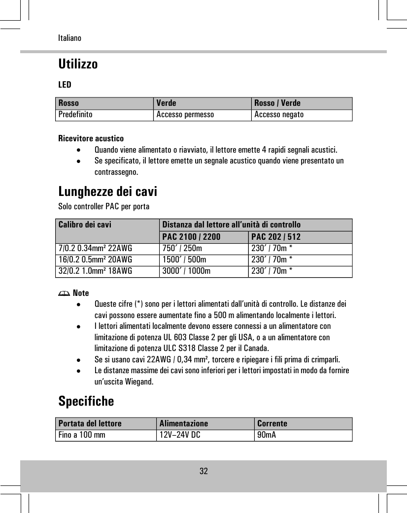 UtilizzoLEDRosso / VerdeVerdeRossoAccesso negatoAccesso permessoPredefinitoRicevitore acustico•Quando viene alimentato o riavviato, il lettore emette 4 rapidi segnali acustici.•Se specificato, il lettore emette un segnale acustico quando viene presentato uncontrassegno.Lunghezze dei caviSolo controller PAC per portaDistanza dal lettore all’unità di controlloCalibro dei caviPAC 202 / 512PAC 2100 / 2200230′ / 70m *750′ / 250m7/0.2 0.34mm² 22AWG230′ / 70m *1500′ / 500m16/0.2 0.5mm² 20AWG230′ / 70m *3000′ / 1000m32/0.2 1.0mm² 18AWGNote•Queste cifre (*) sono per i lettori alimentati dall’unità di controllo. Le distanze deicavi possono essere aumentate fino a 500 m alimentando localmente i lettori.•I lettori alimentati localmente devono essere connessi a un alimentatore conlimitazione di potenza UL 603 Classe 2 per gli USA, o a un alimentatore conlimitazione di potenza ULC S318 Classe 2 per il Canada.•Se si usano cavi 22AWG / 0,34 mm², torcere e ripiegare i fili prima di crimparli.•Le distanze massime dei cavi sono inferiori per i lettori impostati in modo da fornireun’uscita Wiegand.SpecificheCorrenteAlimentazionePortata del lettore90mA12V–24V DCFino a 100 mm32Italiano