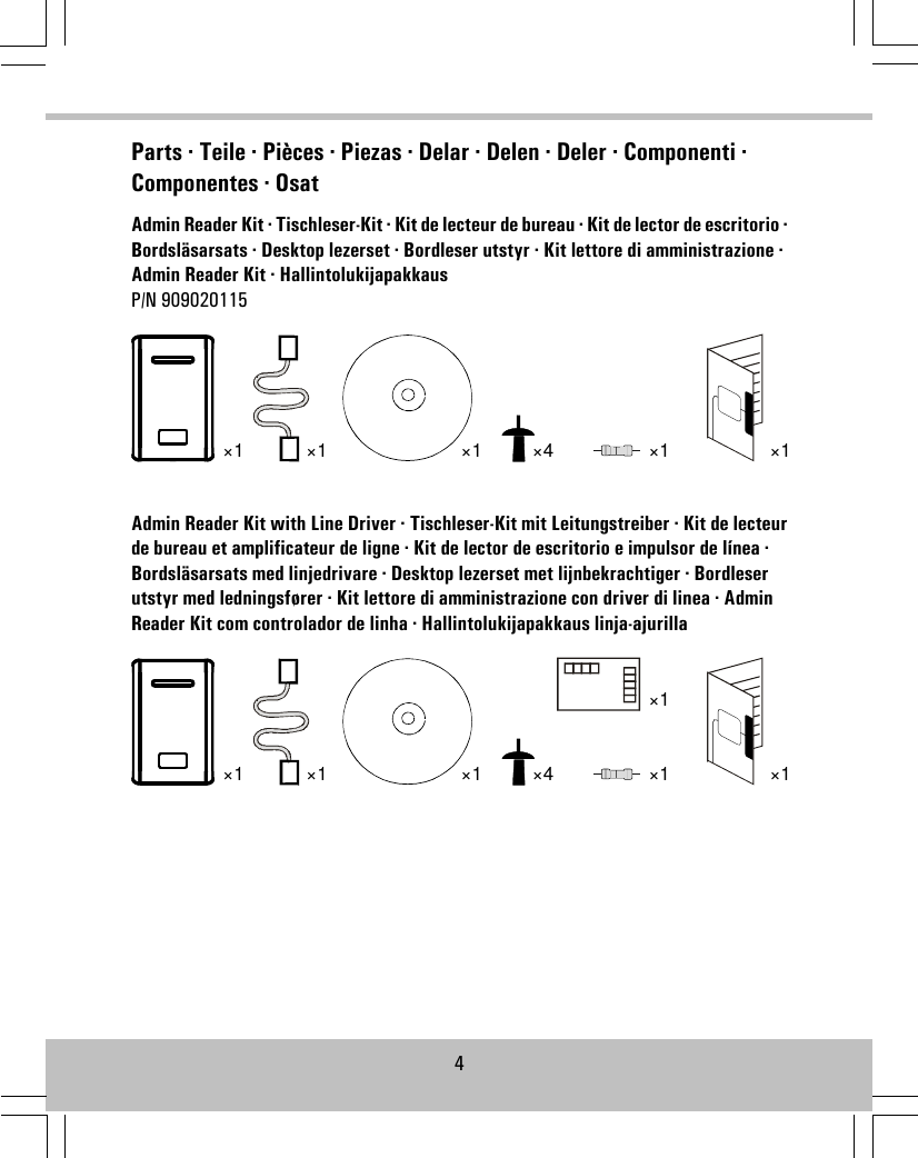 Parts · Teile · Pièces · Piezas · Delar · Delen · Deler · Componenti ·Componentes · OsatAdmin Reader Kit · Tischleser-Kit · Kit de lecteur de bureau · Kit de lector de escritorio ·Bordsläsarsats · Desktop lezerset · Bordleser utstyr · Kit lettore di amministrazione ·Admin Reader Kit · HallintolukijapakkausP/N 909020115×1×1×1×1×4×1Admin Reader Kit with Line Driver · Tischleser-Kit mit Leitungstreiber · Kit de lecteurde bureau et amplificateur de ligne · Kit de lector de escritorio e impulsor de línea ·Bordsläsarsats med linjedrivare · Desktop lezerset met lijnbekrachtiger · Bordleserutstyr med ledningsfører · Kit lettore di amministrazione con driver di linea · AdminReader Kit com controlador de linha · Hallintolukijapakkaus linja-ajurilla×1×1×1×1×4×1×14