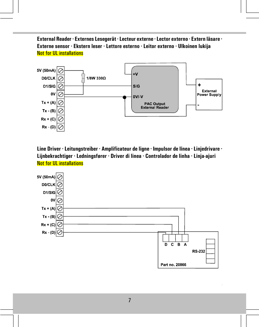 External Reader · Externes Lesegerät · Lecteur externe · Lector externo · Extern läsare ·Externe sensor · Ekstern leser · Lettore esterno · Leitor externo · Ulkoinen lukijaNot for UL installationsLine Driver · Leitungstreiber · Amplificateur de ligne · Impulsor de línea · Linjedrivare ·Lijnbekrachtiger · Ledningsfører · Driver di linea · Controlador de linha · Linja-ajuriNot for UL installations7