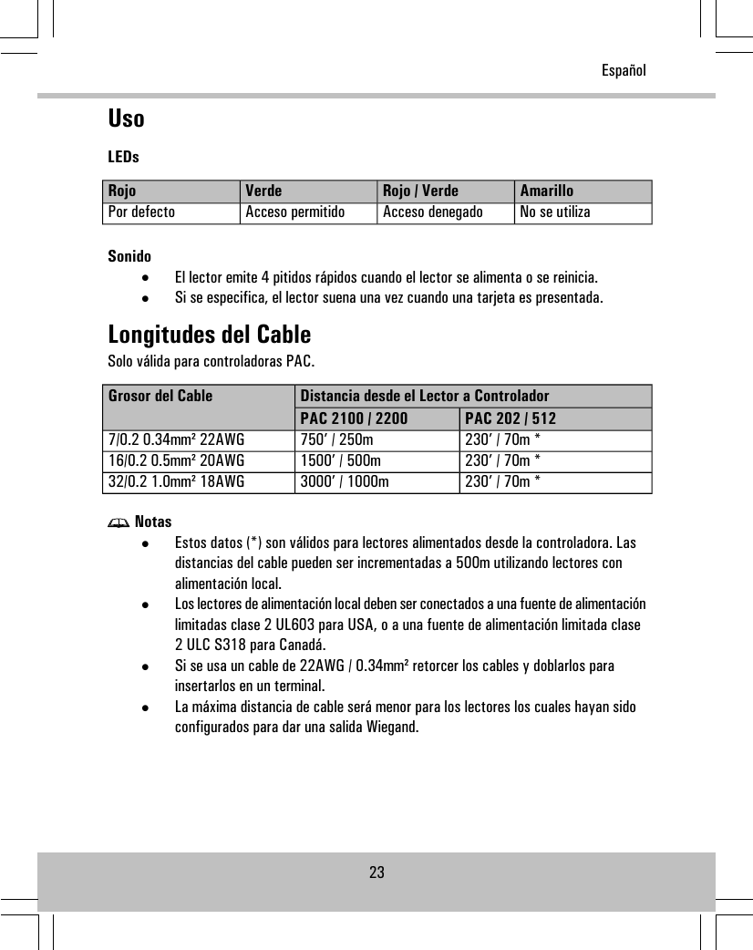 UsoLEDsAmarilloRojo / VerdeVerdeRojoNo se utilizaAcceso denegadoAcceso permitidoPor defectoSonido•El lector emite 4 pitidos rápidos cuando el lector se alimenta o se reinicia.•Si se especifica, el lector suena una vez cuando una tarjeta es presentada.Longitudes del CableSolo válida para controladoras PAC.Distancia desde el Lector a ControladorGrosor del CablePAC 202 / 512PAC 2100 / 2200230’ / 70m *750’ / 250m7/0.2 0.34mm² 22AWG230’ / 70m *1500’ / 500m16/0.2 0.5mm² 20AWG230’ / 70m *3000’ / 1000m32/0.2 1.0mm² 18AWGNotas•Estos datos (*) son válidos para lectores alimentados desde la controladora. Lasdistancias del cable pueden ser incrementadas a 500m utilizando lectores conalimentación local.•Los lectores de alimentación local deben ser conectados a una fuente de alimentaciónlimitadas clase 2 UL603 para USA, o a una fuente de alimentación limitada clase2 ULC S318 para Canadá.•Si se usa un cable de 22AWG / 0.34mm² retorcer los cables y doblarlos parainsertarlos en un terminal.•La máxima distancia de cable será menor para los lectores los cuales hayan sidoconfigurados para dar una salida Wiegand.23Español