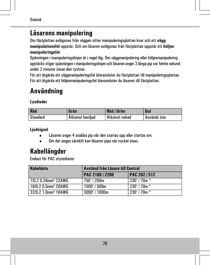 Läsarens manipuleringOm fästplattan avlägsnas från väggen sitter manipuleringsplattan kvar och ett vägg-manipulationsfel uppstår. Och om läsaren avlägsnas från fästplattan uppstår ett höljes-manipuleringsfel.Spänningen i manipuleringslinjen är i regel låg. Om väggmanipulering eller höljesmanipuleringupptäcks stiger spänningen i manipuleringslinjen och läsaren avger 3 långa pip var femte sekundunder 2 minuter innan den tystnar.För att åtgärda ett väggmanipuleringsfel återansluter du fästplattan till manipuleringsplattan.För att åtgärda ett höljesmanipuleringsfel återansluter du läsaren till fästplattan.AnvändningLysdioderGulRöd / GrönGrönRödAnvänds inteÅtkomst nekadÅtkomst beviljadStandardLjudsignal•Läsaren avger 4 snabba pip när den startas upp eller startas om.•Om det anges särskilt kan läsaren pipa när nyckel visas.KabellängderEndast för PAC styrenheterAvstånd från Läsare till CentralKabeldataPAC 202 / 512PAC 2100 / 2200230’ / 70m *750’ / 250m7/0.2 0.34mm² 22AWG230’ / 70m *1500’ / 500m16/0.2 0.5mm² 20AWG230’ / 70m *3000’ / 1000m32/0.2 1.0mm² 18AWG26Svensk