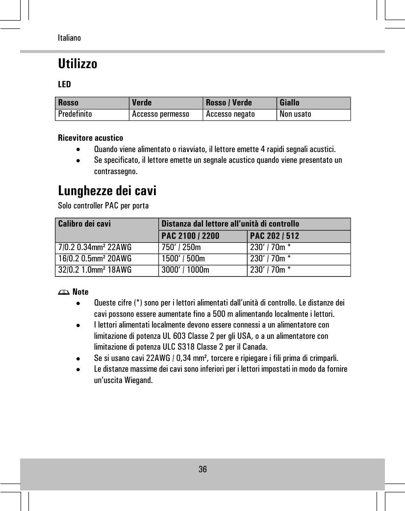 UtilizzoLEDGialloRosso / VerdeVerdeRossoNon usatoAccesso negatoAccesso permessoPredefinitoRicevitore acustico•Quando viene alimentato o riavviato, il lettore emette 4 rapidi segnali acustici.•Se specificato, il lettore emette un segnale acustico quando viene presentato uncontrassegno.Lunghezze dei caviSolo controller PAC per portaDistanza dal lettore all’unità di controlloCalibro dei caviPAC 202 / 512PAC 2100 / 2200230’ / 70m *750’ / 250m7/0.2 0.34mm² 22AWG230’ / 70m *1500’ / 500m16/0.2 0.5mm² 20AWG230’ / 70m *3000’ / 1000m32/0.2 1.0mm² 18AWGNote•Queste cifre (*) sono per i lettori alimentati dall’unità di controllo. Le distanze deicavi possono essere aumentate fino a 500 m alimentando localmente i lettori.•I lettori alimentati localmente devono essere connessi a un alimentatore conlimitazione di potenza UL 603 Classe 2 per gli USA, o a un alimentatore conlimitazione di potenza ULC S318 Classe 2 per il Canada.•Se si usano cavi 22AWG / 0,34 mm², torcere e ripiegare i fili prima di crimparli.•Le distanze massime dei cavi sono inferiori per i lettori impostati in modo da fornireun’uscita Wiegand.36Italiano