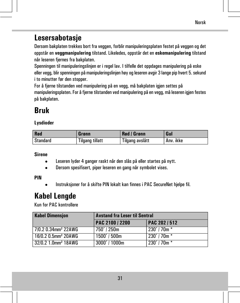 LesersabotasjeDersom bakplaten trekkes bort fra veggen, forblir manipuleringsplaten festet på veggen og detoppstår en veggmanipulering tilstand. Likeledes, oppstår det en eskemanipulering tilstandnår leseren fjernes fra bakplaten.Spenningen til manipuleringslinjen er i regel lav. I tilfelle det oppdages manipulering på eskeeller vegg, blir spenningen på manipuleringslinjen høy og leseren avgir 3 lange pip hvert 5. sekundi to minutter før den stopper.For å fjerne tilstanden ved manipulering på en vegg, må bakplaten igjen settes påmanipuleringsplaten. For å fjerne tilstanden ved manipulering på en vegg, må leseren igjen festespå bakplaten.BrukLysdioderGulRød / GrønnGrønnRødAnv. ikkeTilgang avslåttTilgang tillattStandardSirene•Leseren lyder 4 ganger raskt når den slås på eller startes på nytt.•Dersom spesifisert, piper leseren en gang når symbolet vises.PIN•Instruksjoner for å skifte PIN lokalt kan finnes i PAC SecureNet hjelpe fil.Kabel LengdeKun for PAC kontrollereAvstand fra Leser til SentralKabel DimensjonPAC 202 / 512PAC 2100 / 2200230′ / 70m *750′ / 250m7/0.2 0.34mm² 22AWG230′ / 70m *1500′ / 500m16/0.2 0.5mm² 20AWG230′ / 70m *3000′ / 1000m32/0.2 1.0mm² 18AWG31Norsk