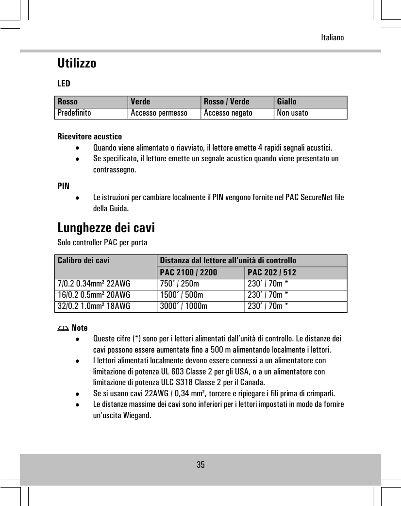 UtilizzoLEDGialloRosso / VerdeVerdeRossoNon usatoAccesso negatoAccesso permessoPredefinitoRicevitore acustico•Quando viene alimentato o riavviato, il lettore emette 4 rapidi segnali acustici.•Se specificato, il lettore emette un segnale acustico quando viene presentato uncontrassegno.PIN•Le istruzioni per cambiare localmente il PIN vengono fornite nel PAC SecureNet filedella Guida.Lunghezze dei caviSolo controller PAC per portaDistanza dal lettore all’unità di controlloCalibro dei caviPAC 202 / 512PAC 2100 / 2200230′ / 70m *750′ / 250m7/0.2 0.34mm² 22AWG230′ / 70m *1500′ / 500m16/0.2 0.5mm² 20AWG230′ / 70m *3000′ / 1000m32/0.2 1.0mm² 18AWGNote•Queste cifre (*) sono per i lettori alimentati dall’unità di controllo. Le distanze deicavi possono essere aumentate fino a 500 m alimentando localmente i lettori.•I lettori alimentati localmente devono essere connessi a un alimentatore conlimitazione di potenza UL 603 Classe 2 per gli USA, o a un alimentatore conlimitazione di potenza ULC S318 Classe 2 per il Canada.•Se si usano cavi 22AWG / 0,34 mm², torcere e ripiegare i fili prima di crimparli.•Le distanze massime dei cavi sono inferiori per i lettori impostati in modo da fornireun’uscita Wiegand.35Italiano