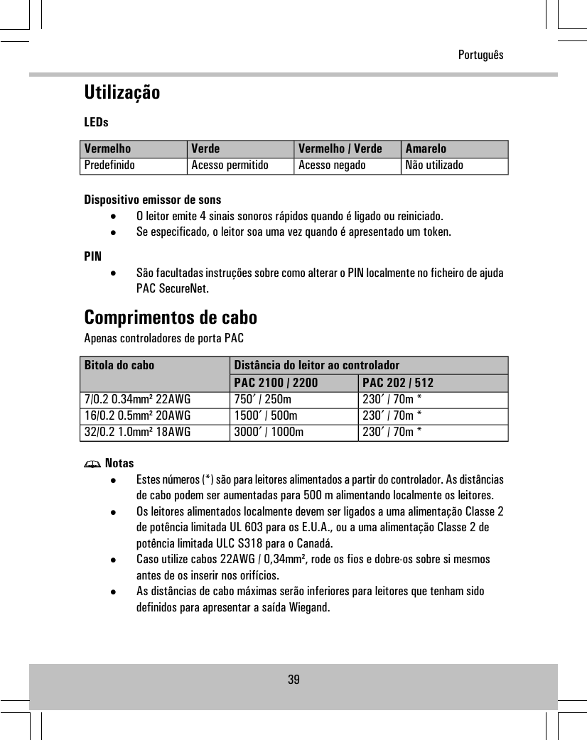 UtilizaçãoLEDsAmareloVermelho / VerdeVerdeVermelhoNão utilizadoAcesso negadoAcesso permitidoPredefinidoDispositivo emissor de sons•O leitor emite 4 sinais sonoros rápidos quando é ligado ou reiniciado.•Se especificado, o leitor soa uma vez quando é apresentado um token.PIN•São facultadas instruções sobre como alterar o PIN localmente no ficheiro de ajudaPAC SecureNet.Comprimentos de caboApenas controladores de porta PACDistância do leitor ao controladorBitola do caboPAC 202 / 512PAC 2100 / 2200230′ / 70m *750′ / 250m7/0.2 0.34mm² 22AWG230′ / 70m *1500′ / 500m16/0.2 0.5mm² 20AWG230′ / 70m *3000′ / 1000m32/0.2 1.0mm² 18AWGNotas•Estes números (*) são para leitores alimentados a partir do controlador. As distânciasde cabo podem ser aumentadas para 500 m alimentando localmente os leitores.•Os leitores alimentados localmente devem ser ligados a uma alimentação Classe 2de potência limitada UL 603 para os E.U.A., ou a uma alimentação Classe 2 depotência limitada ULC S318 para o Canadá.•Caso utilize cabos 22AWG / 0,34mm², rode os fios e dobre-os sobre si mesmosantes de os inserir nos orifícios.•As distâncias de cabo máximas serão inferiores para leitores que tenham sidodefinidos para apresentar a saída Wiegand.39Português