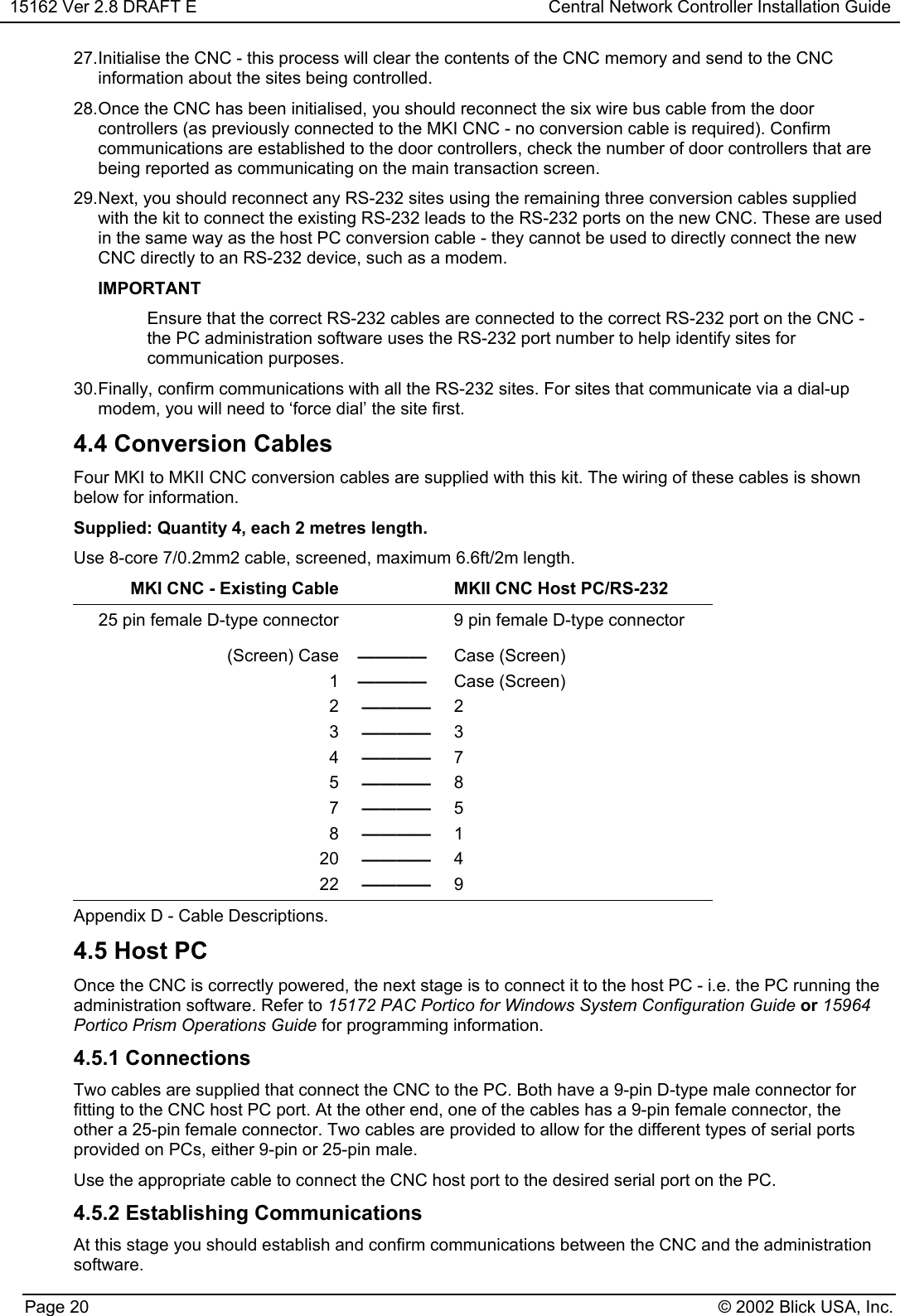 15162 Ver 2.8 DRAFT E Central Network Controller Installation GuidePage 20 © 2002 Blick USA, Inc.27. Initialise the CNC - this process will clear the contents of the CNC memory and send to the CNCinformation about the sites being controlled.28. Once the CNC has been initialised, you should reconnect the six wire bus cable from the doorcontrollers (as previously connected to the MKI CNC - no conversion cable is required). Confirmcommunications are established to the door controllers, check the number of door controllers that arebeing reported as communicating on the main transaction screen.29. Next, you should reconnect any RS-232 sites using the remaining three conversion cables suppliedwith the kit to connect the existing RS-232 leads to the RS-232 ports on the new CNC. These are usedin the same way as the host PC conversion cable - they cannot be used to directly connect the newCNC directly to an RS-232 device, such as a modem.IMPORTANTEnsure that the correct RS-232 cables are connected to the correct RS-232 port on the CNC -the PC administration software uses the RS-232 port number to help identify sites forcommunication purposes.30. Finally, confirm communications with all the RS-232 sites. For sites that communicate via a dial-upmodem, you will need to ‘force dial’ the site first.4.4 Conversion CablesFour MKI to MKII CNC conversion cables are supplied with this kit. The wiring of these cables is shownbelow for information.Supplied: Quantity 4, each 2 metres length.Use 8-core 7/0.2mm2 cable, screened, maximum 6.6ft/2m length.MKI CNC - Existing Cable MKII CNC Host PC/RS-23225 pin female D-type connector 9 pin female D-type connector(Screen) Case ———— Case (Screen)1———— Case (Screen)2———— 23———— 34———— 75———— 87———— 58———— 120 ———— 422 ———— 9Appendix D - Cable Descriptions.4.5 Host PCOnce the CNC is correctly powered, the next stage is to connect it to the host PC - i.e. the PC running theadministration software. Refer to 15172 PAC Portico for Windows System Configuration Guide or 15964Portico Prism Operations Guide for programming information.4.5.1 ConnectionsTwo cables are supplied that connect the CNC to the PC. Both have a 9-pin D-type male connector forfitting to the CNC host PC port. At the other end, one of the cables has a 9-pin female connector, theother a 25-pin female connector. Two cables are provided to allow for the different types of serial portsprovided on PCs, either 9-pin or 25-pin male.Use the appropriate cable to connect the CNC host port to the desired serial port on the PC.4.5.2 Establishing CommunicationsAt this stage you should establish and confirm communications between the CNC and the administrationsoftware.