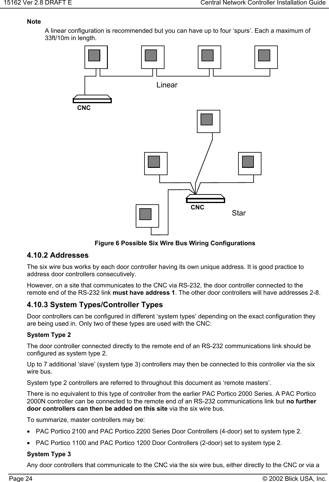 15162 Ver 2.8 DRAFT E Central Network Controller Installation GuidePage 24 © 2002 Blick USA, Inc.NoteA linear configuration is recommended but you can have up to four ‘spurs’. Each a maximum of33ft/10m in length.LinearStarCNCCNCFigure 6 Possible Six Wire Bus Wiring Configurations4.10.2 AddressesThe six wire bus works by each door controller having its own unique address. It is good practice toaddress door controllers consecutively.However, on a site that communicates to the CNC via RS-232, the door controller connected to theremote end of the RS-232 link must have address 1. The other door controllers will have addresses 2-8.4.10.3 System Types/Controller TypesDoor controllers can be configured in different ‘system types’ depending on the exact configuration theyare being used in. Only two of these types are used with the CNC:System Type 2The door controller connected directly to the remote end of an RS-232 communications link should beconfigured as system type 2.Up to 7 additional ‘slave’ (system type 3) controllers may then be connected to this controller via the sixwire bus.System type 2 controllers are referred to throughout this document as ‘remote masters’.There is no equivalent to this type of controller from the earlier PAC Portico 2000 Series. A PAC Portico2000N controller can be connected to the remote end of an RS-232 communications link but no furtherdoor controllers can then be added on this site via the six wire bus.To summarize, master controllers may be:•  PAC Portico 2100 and PAC Portico 2200 Series Door Controllers (4-door) set to system type 2.•  PAC Portico 1100 and PAC Portico 1200 Door Controllers (2-door) set to system type 2.System Type 3Any door controllers that communicate to the CNC via the six wire bus, either directly to the CNC or via a