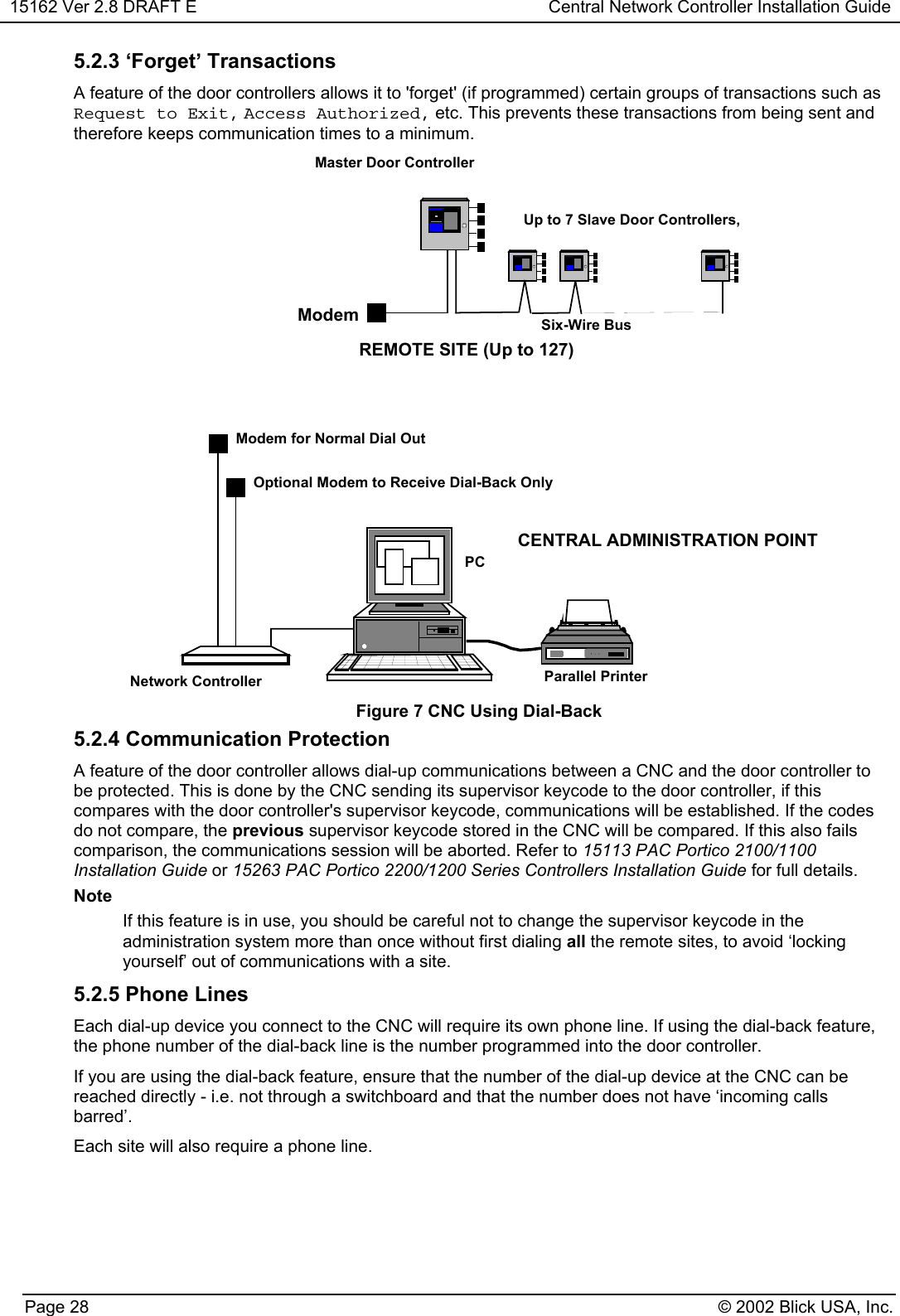 15162 Ver 2.8 DRAFT E Central Network Controller Installation GuidePage 28 © 2002 Blick USA, Inc.5.2.3 ‘Forget’ TransactionsA feature of the door controllers allows it to &apos;forget&apos; (if programmed) certain groups of transactions such asRequest to Exit, Access Authorized, etc. This prevents these transactions from being sent andtherefore keeps communication times to a minimum.Network Controller Parallel PrinterPCUp to 7 Slave Door Controllers,Six-Wire BusMaster Door ControllerREMOTE SITE (Up to 127)CENTRAL ADMINISTRATION POINTModem for Normal Dial OutOptional Modem to Receive Dial-Back OnlyModemFigure 7 CNC Using Dial-Back5.2.4 Communication ProtectionA feature of the door controller allows dial-up communications between a CNC and the door controller tobe protected. This is done by the CNC sending its supervisor keycode to the door controller, if thiscompares with the door controller&apos;s supervisor keycode, communications will be established. If the codesdo not compare, the previous supervisor keycode stored in the CNC will be compared. If this also failscomparison, the communications session will be aborted. Refer to 15113 PAC Portico 2100/1100Installation Guide or 15263 PAC Portico 2200/1200 Series Controllers Installation Guide for full details.NoteIf this feature is in use, you should be careful not to change the supervisor keycode in theadministration system more than once without first dialing all the remote sites, to avoid ‘lockingyourself’ out of communications with a site.5.2.5 Phone LinesEach dial-up device you connect to the CNC will require its own phone line. If using the dial-back feature,the phone number of the dial-back line is the number programmed into the door controller.If you are using the dial-back feature, ensure that the number of the dial-up device at the CNC can bereached directly - i.e. not through a switchboard and that the number does not have ‘incoming callsbarred’.Each site will also require a phone line.