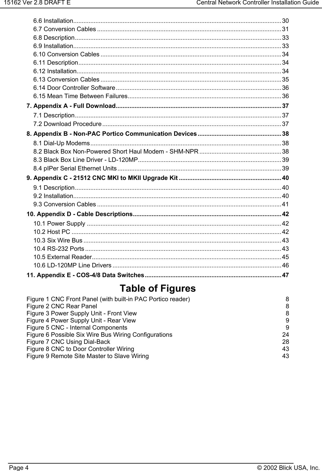 15162 Ver 2.8 DRAFT E Central Network Controller Installation GuidePage 4 © 2002 Blick USA, Inc.6.6 Installation.......................................................................................................................... 306.7 Conversion Cables ............................................................................................................ 316.8 Description......................................................................................................................... 336.9 Installation.......................................................................................................................... 336.10 Conversion Cables ..........................................................................................................346.11 Description....................................................................................................................... 346.12 Installation........................................................................................................................ 346.13 Conversion Cables ..........................................................................................................356.14 Door Controller Software ................................................................................................. 366.15 Mean Time Between Failures.......................................................................................... 367. Appendix A - Full Download................................................................................................. 377.1 Description......................................................................................................................... 377.2 Download Procedure .........................................................................................................378. Appendix B - Non-PAC Portico Communication Devices ................................................. 388.1 Dial-Up Modems................................................................................................................ 388.2 Black Box Non-Powered Short Haul Modem - SHM-NPR ................................................ 388.3 Black Box Line Driver - LD-120MP.................................................................................... 398.4 pIPer Serial Ethernet Units ................................................................................................399. Appendix C - 21512 CNC MKI to MKII Upgrade Kit ............................................................ 409.1 Description......................................................................................................................... 409.2 Installation.......................................................................................................................... 409.3 Conversion Cables ............................................................................................................ 4110. Appendix D - Cable Descriptions....................................................................................... 4210.1 Power Supply .................................................................................................................. 4210.2 Host PC ........................................................................................................................... 4210.3 Six Wire Bus .................................................................................................................... 4310.4 RS-232 Ports ................................................................................................................... 4310.5 External Reader............................................................................................................... 4510.6 LD-120MP Line Drivers ................................................................................................... 4611. Appendix E - COS-4/8 Data Switches................................................................................ 47Table of FiguresFigure 1 CNC Front Panel (with built-in PAC Portico reader) 8Figure 2 CNC Rear Panel 8Figure 3 Power Supply Unit - Front View 8Figure 4 Power Supply Unit - Rear View 9Figure 5 CNC - Internal Components 9Figure 6 Possible Six Wire Bus Wiring Configurations 24Figure 7 CNC Using Dial-Back 28Figure 8 CNC to Door Controller Wiring 43Figure 9 Remote Site Master to Slave Wiring 43