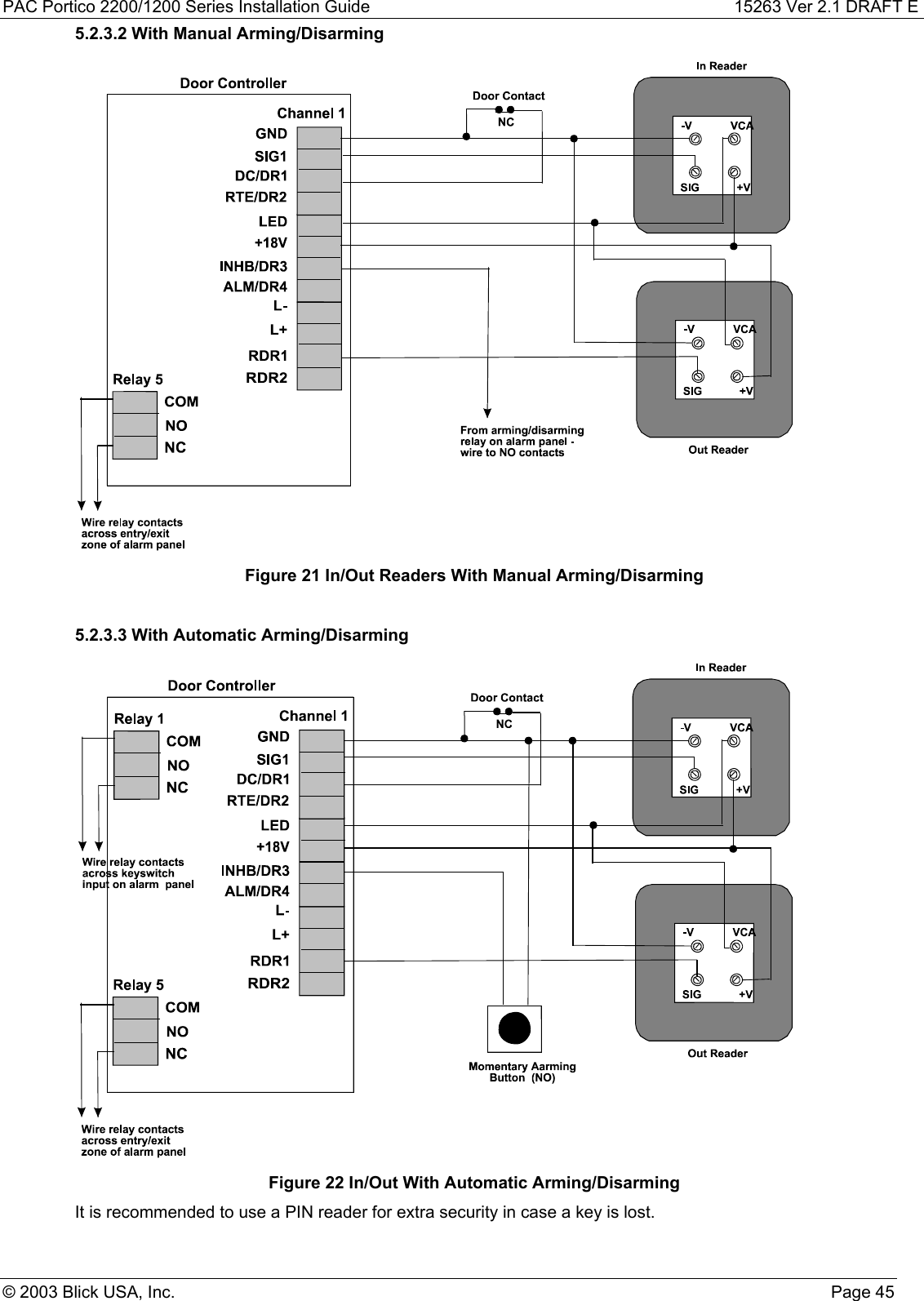 PAC Portico 2200/1200 Series Installation Guide 15263 Ver 2.1 DRAFT E© 2003 Blick USA, Inc. Page 455.2.3.2 With Manual Arming/DisarmingFigure 21 In/Out Readers With Manual Arming/Disarming5.2.3.3 With Automatic Arming/DisarmingFigure 22 In/Out With Automatic Arming/DisarmingIt is recommended to use a PIN reader for extra security in case a key is lost.