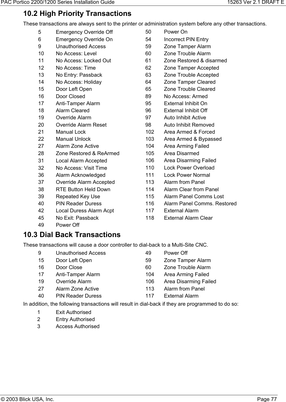 PAC Portico 2200/1200 Series Installation Guide 15263 Ver 2.1 DRAFT E© 2003 Blick USA, Inc. Page 7710.2 High Priority TransactionsThese transactions are always sent to the printer or administration system before any other transactions.5 Emergency Override Off 50 Power On6 Emergency Override On 54 Incorrect PIN Entry9 Unauthorised Access 59 Zone Tamper Alarm10 No Access: Level 60 Zone Trouble Alarm11 No Access: Locked Out 61 Zone Restored &amp; disarmed12 No Access: Time 62 Zone Tamper Accepted13 No Entry: Passback 63 Zone Trouble Accepted14 No Access: Holiday 64 Zone Tamper Cleared15 Door Left Open 65 Zone Trouble Cleared16 Door Closed 89 No Access: Armed17 Anti-Tamper Alarm 95 External Inhibit On18 Alarm Cleared 96 External Inhibit Off19 Override Alarm 97 Auto Inhibit Active20 Override Alarm Reset 98 Auto Inhibit Removed21 Manual Lock 102 Area Armed &amp; Forced22 Manual Unlock 103 Area Armed &amp; Bypassed27 Alarm Zone Active 104 Area Arming Failed28 Zone Restored &amp; ReArmed 105 Area Disarmed31 Local Alarm Accepted 106 Area Disarming Failed32 No Access: Visit Time 110 Lock Power Overload36 Alarm Acknowledged 111 Lock Power Normal37 Override Alarm Accepted 113 Alarm from Panel38 RTE Button Held Down 114 Alarm Clear from Panel39 Repeated Key Use 115 Alarm Panel Comms Lost40 PIN Reader Duress 116 Alarm Panel Comms. Restored42 Local Duress Alarm Acpt 117 External Alarm45 No Exit: Passback 118 External Alarm Clear49 Power Off10.3 Dial Back TransactionsThese transactions will cause a door controller to dial-back to a Multi-Site CNC.9 Unauthorised Access 49 Power Off15 Door Left Open 59 Zone Tamper Alarm16 Door Close 60 Zone Trouble Alarm17 Anti-Tamper Alarm 104 Area Arming Failed19 Override Alarm 106 Area Disarming Failed27 Alarm Zone Active 113 Alarm from Panel40 PIN Reader Duress 117 External AlarmIn addition, the following transactions will result in dial-back if they are programmed to do so:1 Exit Authorised2 Entry Authorised3 Access Authorised