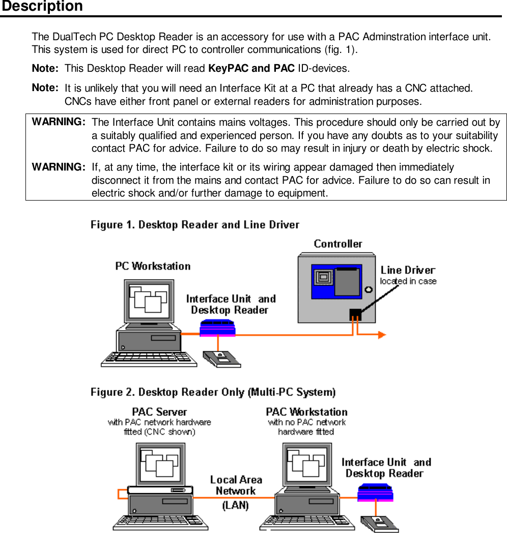 DescriptionThe DualTech PC Desktop Reader is an accessory for use with a PAC Adminstration interface unit.This system is used for direct PC to controller communications (fig. 1).Note:  This Desktop Reader will read KeyPAC and PAC ID-devices.Note:  It is unlikely that you will need an Interface Kit at a PC that already has a CNC attached.CNCs have either front panel or external readers for administration purposes.WARNING: The Interface Unit contains mains voltages. This procedure should only be carried out bya suitably qualified and experienced person. If you have any doubts as to your suitabilitycontact PAC for advice. Failure to do so may result in injury or death by electric shock.WARNING: If, at any time, the interface kit or its wiring appear damaged then immediatelydisconnect it from the mains and contact PAC for advice. Failure to do so can result inelectric shock and/or further damage to equipment.