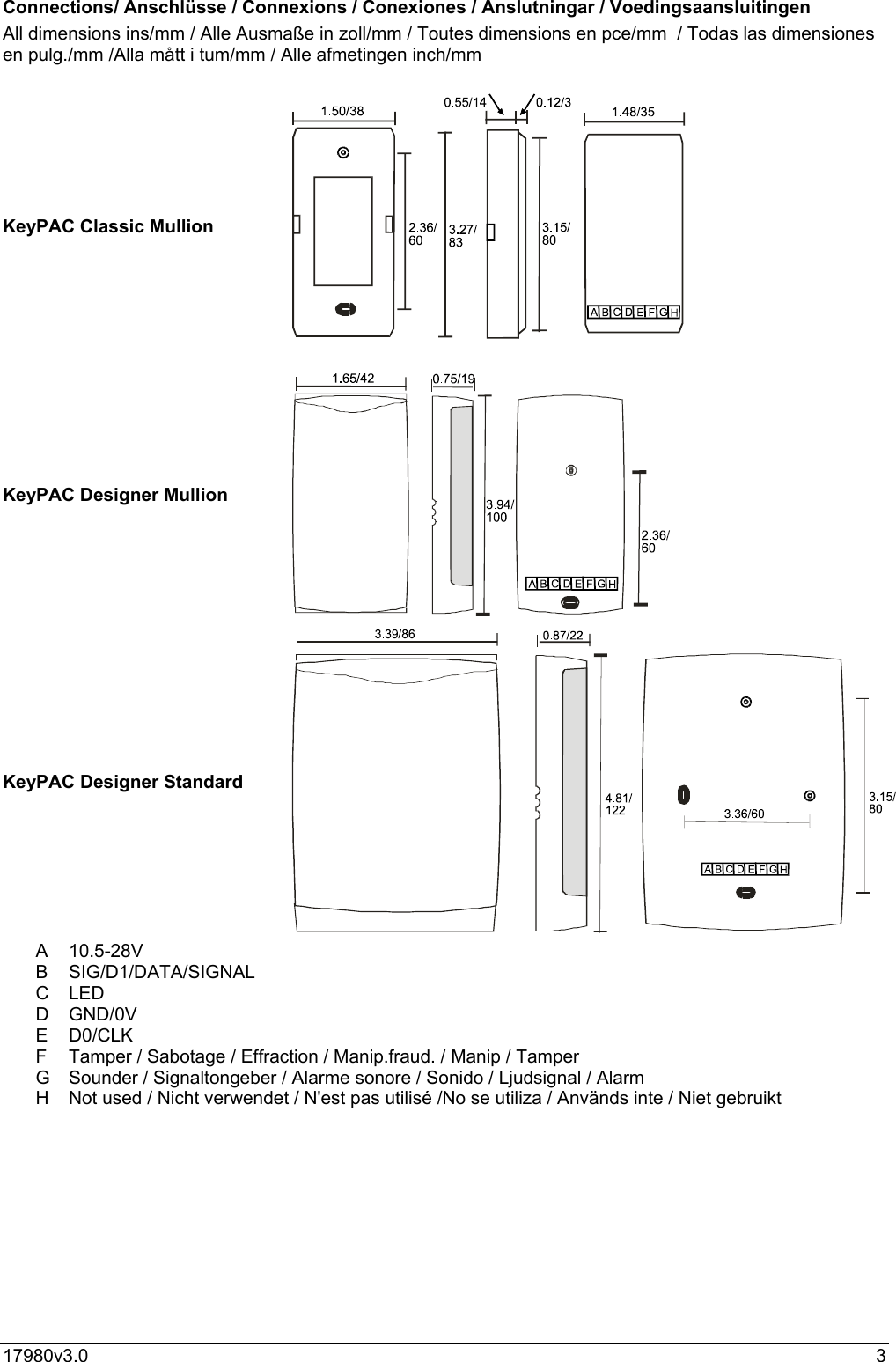 17980v3.0 3Connections/ Anschlüsse / Connexions / Conexiones / Anslutningar / VoedingsaansluitingenAll dimensions ins/mm / Alle Ausmaße in zoll/mm / Toutes dimensions en pce/mm  / Todas las dimensionesen pulg./mm /Alla mått i tum/mm / Alle afmetingen inch/mmKeyPAC Classic MullionKeyPAC Designer MullionKeyPAC Designer StandardA 10.5-28VB SIG/D1/DATA/SIGNALC LEDD GND/0VE D0/CLKF  Tamper / Sabotage / Effraction / Manip.fraud. / Manip / TamperG  Sounder / Signaltongeber / Alarme sonore / Sonido / Ljudsignal / AlarmH  Not used / Nicht verwendet / N&apos;est pas utilisé /No se utiliza / Används inte / Niet gebruikt