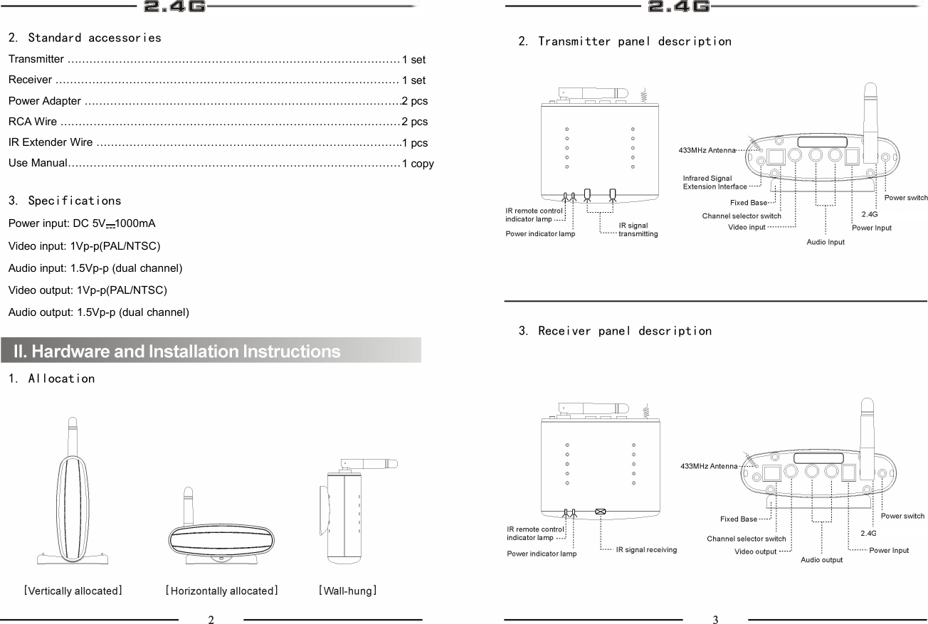 2. Standard accessoriesTransmitter ………………………………………………………………………………Receiver …………………………………………………………………………………Power Adapter ……………………………………………………………………………RCA Wire …………………………………………………………………………………IR Extender Wire ………………………………………………………………………..Use Manual………………………………………………………………………………3. SpecificationsPower input: DC 5V 1000mAVideo input: 1Vp-p(PAL/NTSC)Audio input: 1.5Vp-p (dual channel)Video output: 1Vp-p(PAL/NTSC)Audio output: 1.5Vp-p (dual channel)1. Allocation1 set1 set2 pcs2 pcs1 pcs1 copy2. Transmitter panel description3. Receiver panel description