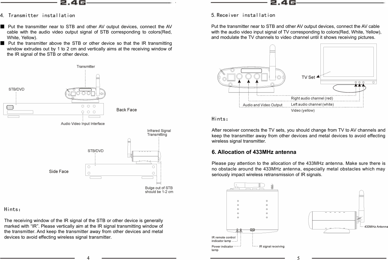 4. Transmitter installation■Put the transmitter near to STB and other AV output devices, connect the AVcable with the audio video output signal of STB corresponding to colors(Red,White, Yellow).■Put the transmitter above the STB or other device so that the IR transmittingwindow extrudes out by 1 to 2 cm and vertically aims at the receiving window ofthe IR signal of the STB or other device.Hints：The receiving window of the IR signal of the STB or other device is generallymarked with “IR”. Please vertically aim at the IR signal transmitting window ofthe transmitter. And keep the transmitter away from other devices and metaldevices to avoid effecting wireless signal transmitter.5.Receiver installationPut the transmitter near to STB and other AV output devices, connect the AV cablewith the audio video input signal of TV corresponding to colors(Red, White, Yellow),and modulate the TV channels to video channel until it shows receiving pictures.Hints：After receiver connects the TV sets, you should change from TV to AV channels andkeep the transmitter away from other devices and metal devices to avoid effectingwireless signal transmitter.6. Allocation of 433MHz antennaPlease pay attention to the allocation of the 433MHz antenna. Make sure there isno obstacle around the 433MHz antenna, especially metal obstacles which mayseriously impact wireless retransmission of IR signals.