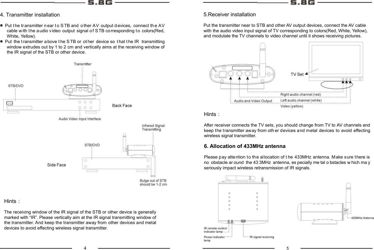 4. Transmitter installation   ■ Put t he tr ansmitter n ear t o S TB and  o ther AV output d evices, connect th e AV cable w ith t he a udio video output signal o f S TB co rresponding t o colors(Red, White, Yellow). ■ Put the t ransmitter a bove t he S TB or  ot her device so  t hat t he IR  transmitting window extrudes out by 1 to 2 cm and vertically aims at the receiving window of the IR signal of the STB or other device. Hints： The receiving window of the IR signal of the STB or other device is generally marked with “IR”. Please vertically aim at the IR signal transmitting window of the transmitter. And keep the transmitter away from other devices and metal devices to avoid effecting wireless signal transmitter. 5.Receiver installation   Put the transmitter near to STB and other AV output devices, connect the AV cable with the audio video input signal of TV corresponding to colors(Red, White, Yellow), and modulate the TV channels to video channel until it shows receiving pictures. Hints： After receiver connects the TV sets, you should change from TV to AV channels and keep the transmitter away from oth er devices and metal devices to avoid effecting wireless signal transmitter.  6. Allocation of 433MHz antenna  Please p ay atte ntion to th e allocation of t he 433MHz antenna. Make sure there is no obstacle ar ound the 43 3MHz antenna, es pecially me tal o bstacles w hich ma y seriously impact wireless retransmission of IR signals. 