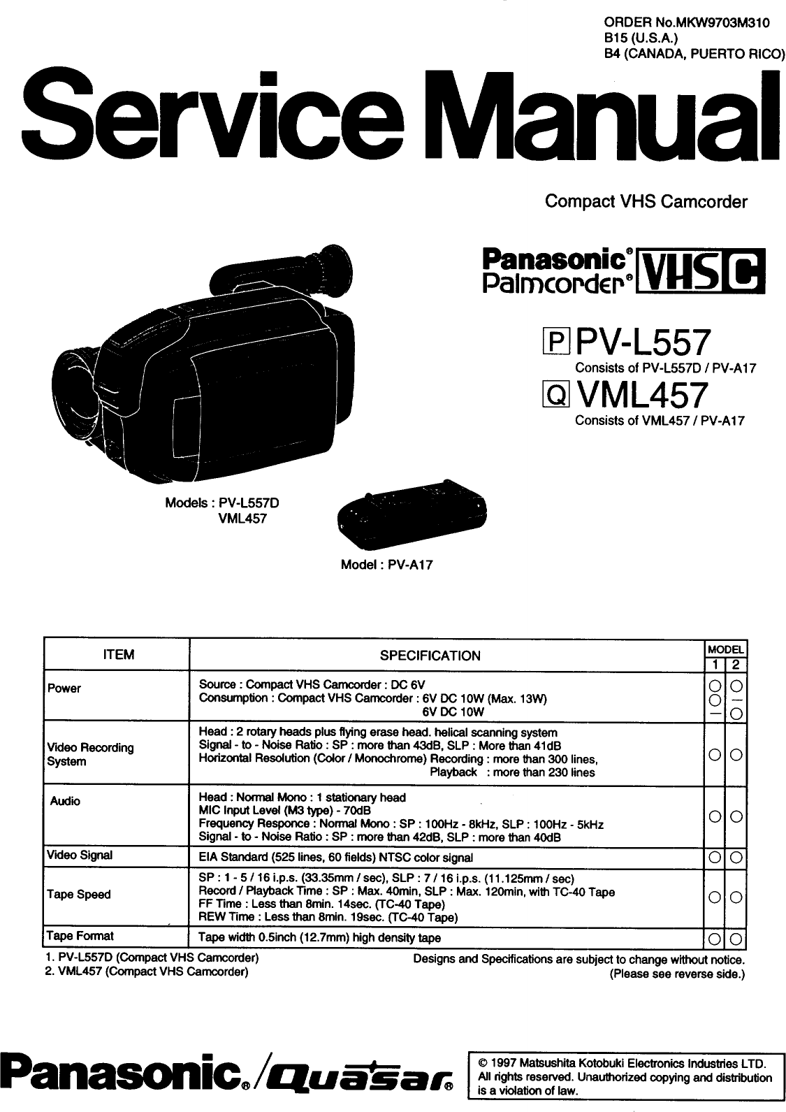 Page 1 of 7 - PANASONIC  Compact VHS C Camcorder Manual 97100282