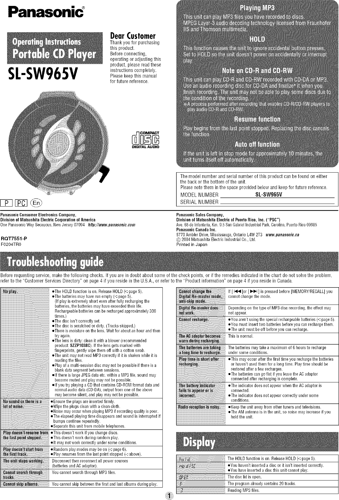 Page 1 of 8 - PANASONIC  Portable Audio Manual L0412025