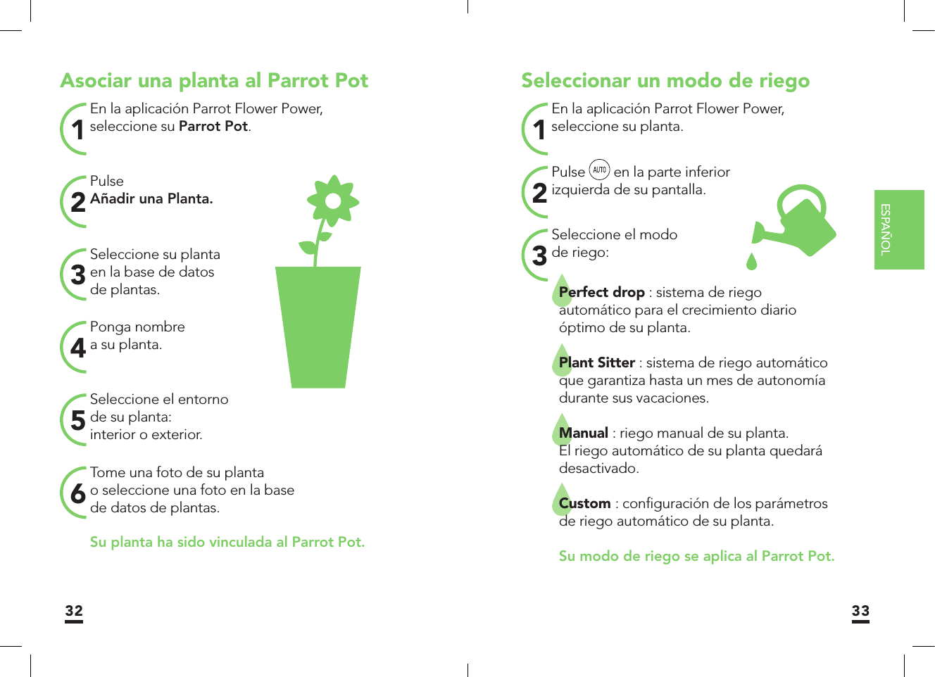 ESPAÑOL32 33Asociar una planta al Parrot PotEn la aplicación Parrot Flower Power, seleccione su Parrot Pot. 1Seleccione su plantaen la base de datosde plantas.3Seleccione el entornode su planta:interior o exterior.5PulseAñadir una Planta.2Ponga nombrea su planta.4Tome una foto de su plantao seleccione una foto en la basede datos de plantas.6Su planta ha sido vinculada al Parrot Pot. Seleccionar un modo de riegoEn la aplicación Parrot Flower Power,seleccione su planta.1Seleccione el modode riego:3Perfect drop : sistema de riegoautomático para el crecimiento diarioóptimo de su planta.Plant Sitter : sistema de riego automático que garantiza hasta un mes de autonomía durante sus vacaciones.Manual : riego manual de su planta.El riego automático de su planta quedará desactivado.Custom : conﬁ guración de los parámetros de riego automático de su planta.    Su modo de riego se aplica al Parrot Pot.Pulse   en la parte inferiorizquierda de su pantalla.2 