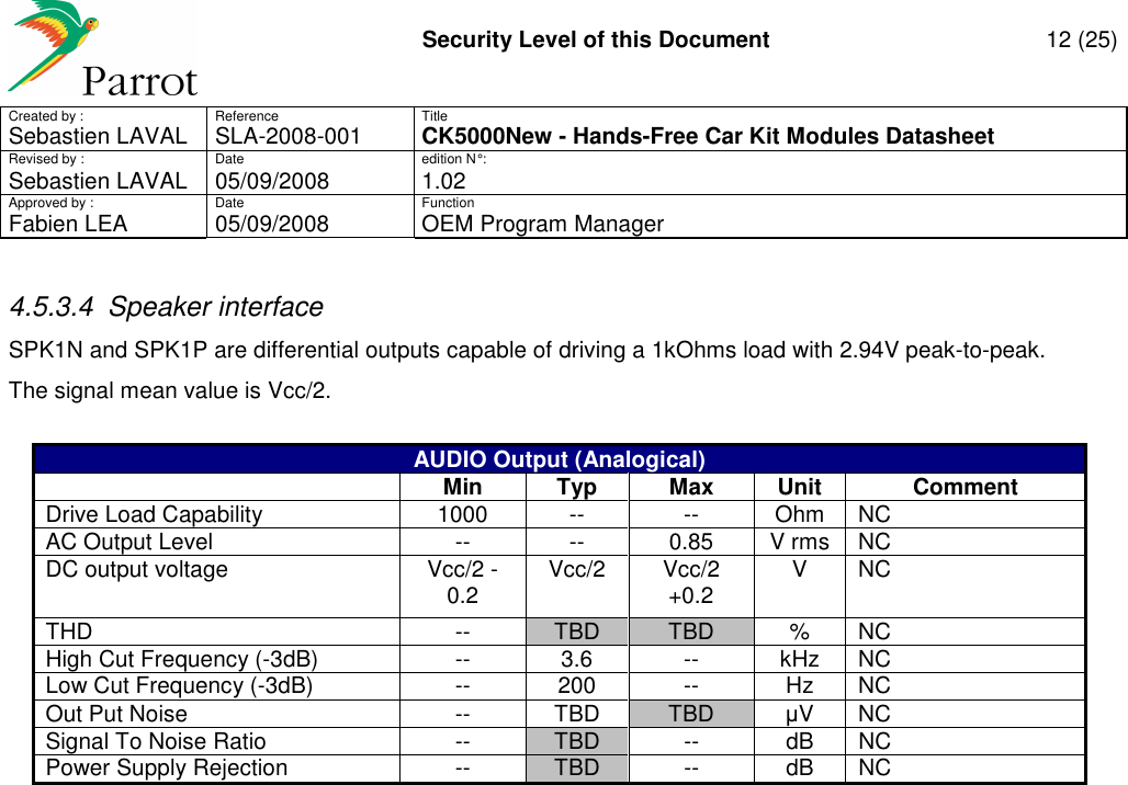     Security Level of this Document  12 (25) Created by :  Reference  Title Sebastien LAVAL   SLA-2008-001 CK5000New - Hands-Free Car Kit Modules Datasheet Revised by :  Date  edition N° : Sebastien LAVAL  05/09/2008  1.02 Approved by :  Date  Function     Fabien LEA  05/09/2008  OEM Program Manager   4.5.3.4  Speaker interface SPK1N and SPK1P are differential outputs capable of driving a 1kOhms load with 2.94V peak-to-peak.  The signal mean value is Vcc/2.   AUDIO Output (Analogical)  Min Typ Max Unit Comment Drive Load Capability  1000  --  --  Ohm  NC AC Output Level  --  --  0.85  V rms  NC DC output voltage  Vcc/2 -0.2  Vcc/2  Vcc/2 +0.2  V  NC THD  --  TBD  TBD  %  NC High Cut Frequency (-3dB)  --  3.6  --  kHz  NC Low Cut Frequency (-3dB)  --  200  --  Hz  NC Out Put Noise  --  TBD  TBD  µV  NC Signal To Noise Ratio  --  TBD  --  dB  NC Power Supply Rejection  --  TBD  --  dB  NC                                