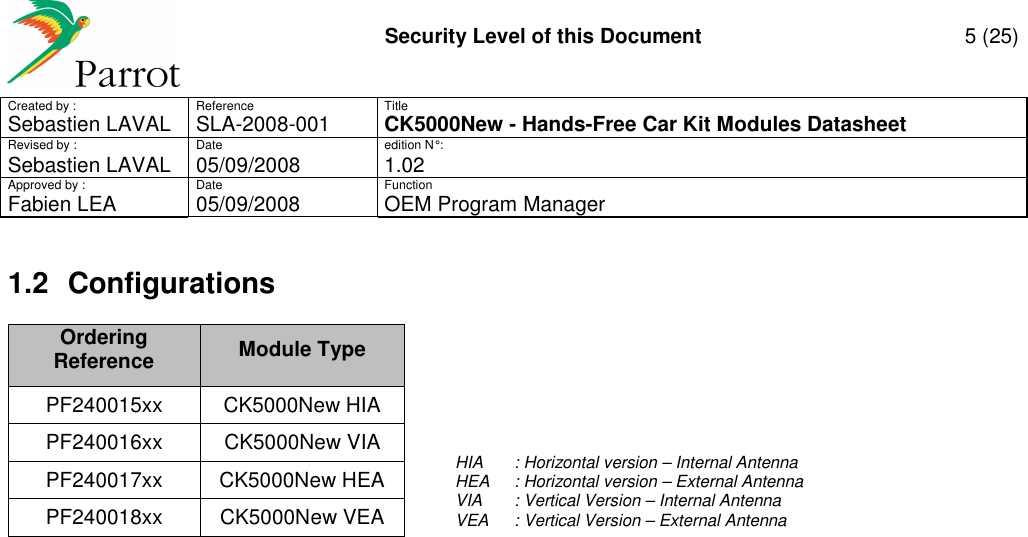     Security Level of this Document  5 (25) Created by :  Reference  Title Sebastien LAVAL   SLA-2008-001 CK5000New - Hands-Free Car Kit Modules Datasheet Revised by :  Date  edition N° : Sebastien LAVAL  05/09/2008  1.02 Approved by :  Date  Function     Fabien LEA  05/09/2008  OEM Program Manager   1.2  Configurations Ordering Reference  Module Type PF240015xx  CK5000New HIA PF240016xx  CK5000New VIA PF240017xx  CK5000New HEA PF240018xx  CK5000New VEA   HIA   : Horizontal version – Internal Antenna HEA   : Horizontal version – External Antenna VIA   : Vertical Version – Internal Antenna VEA   : Vertical Version – External Antenna  