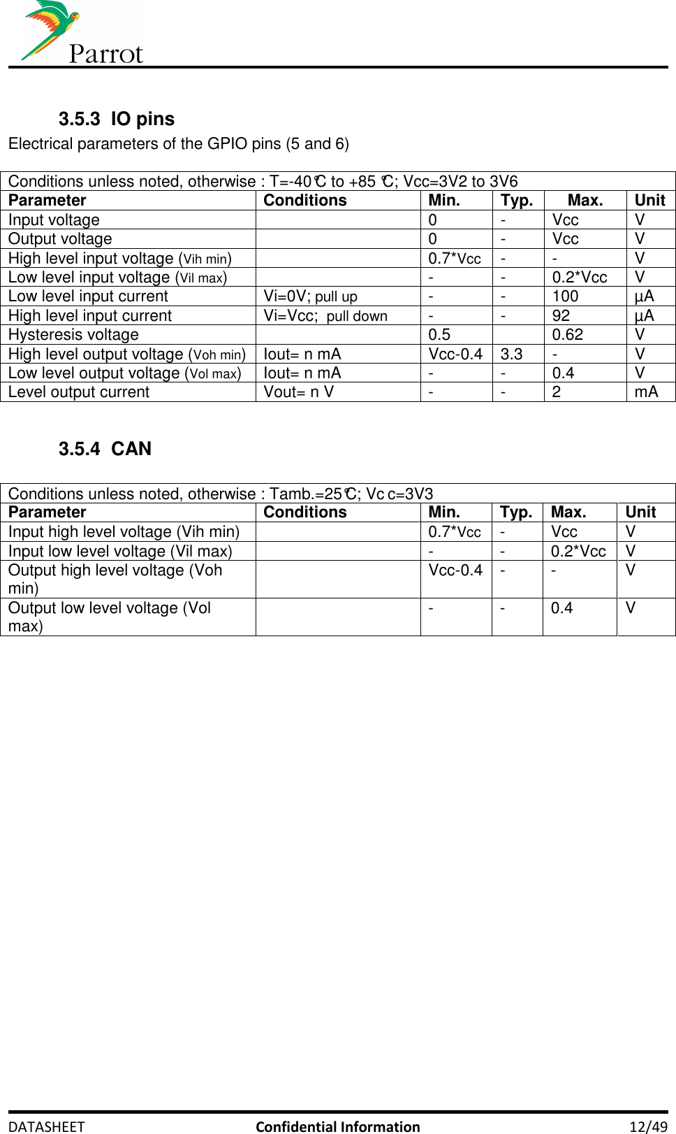     DATASHEET  Confidential Information  12/49  3.5.3  IO pins Electrical parameters of the GPIO pins (5 and 6)  Conditions unless noted, otherwise : T=-40°C to +85 °C; Vcc=3V2 to 3V6 Parameter Conditions Min. Typ. Max. Unit Input voltage    0  -  Vcc  V Output voltage    0  -  Vcc  V High level input voltage (Vih min)    0.7*Vcc  -  -  V Low level input voltage (Vil max)    -  -  0.2*Vcc  V Low level input current  Vi=0V; pull up  -  -  100  µA High level input current  Vi=Vcc;  pull down  -  -  92  µA Hysteresis voltage    0.5    0.62  V High level output voltage (Voh min) Iout= n mA  Vcc-0.4  3.3  -  V Low level output voltage (Vol max)  Iout= n mA  -  -  0.4  V Level output current  Vout= n V  -  -  2  mA  3.5.4  CAN  Conditions unless noted, otherwise : Tamb.=25°C; Vc c=3V3 Parameter Conditions Min. Typ. Max. Unit Input high level voltage (Vih min)    0.7*Vcc  -  Vcc  V Input low level voltage (Vil max)    -  -  0.2*Vcc  V Output high level voltage (Voh min)    Vcc-0.4  -  -  V Output low level voltage (Vol max)    -  -  0.4  V       