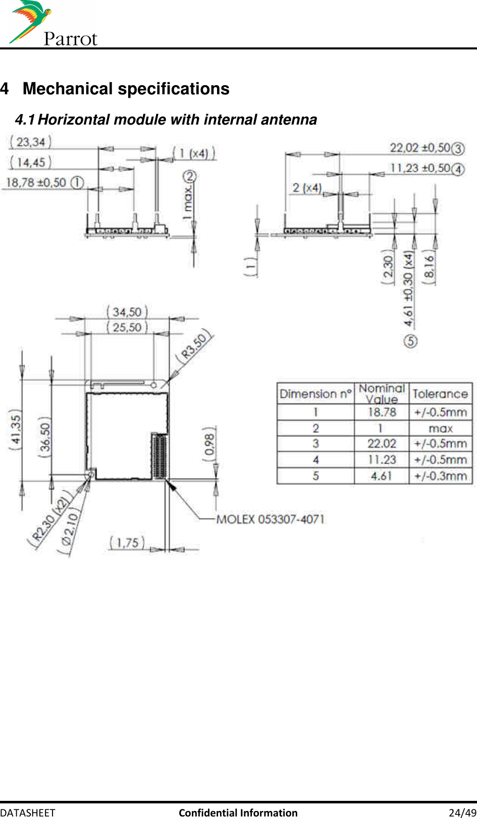     DATASHEET  Confidential Information  24/49  4  Mechanical specifications 4.1 Horizontal module with internal antenna  