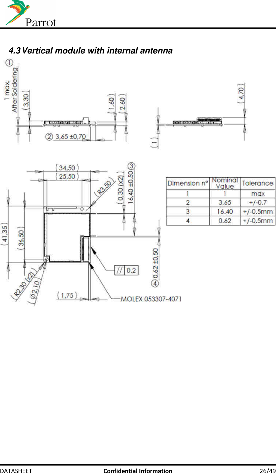     DATASHEET  Confidential Information  26/49  4.3 Vertical module with internal antenna  