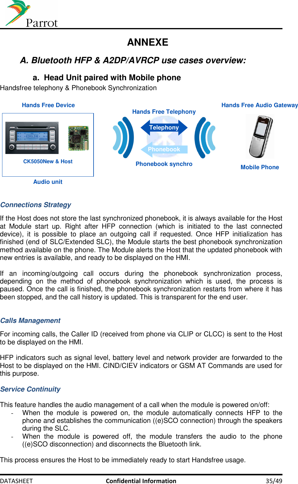     DATASHEET  Confidential Information  35/49 ANNEXE A. Bluetooth HFP &amp; A2DP/AVRCP use cases overview: a.  Head Unit paired with Mobile phone  Handsfree telephony &amp; Phonebook Synchronization   Hands Free Audio Gateway Hands Free DeviceMobile PhoneAudio unitHands Free TelephonyTelephonyPhonebookPhonebook synchroCK5050New &amp; Host   Connections Strategy  If the Host does not store the last synchronized phonebook, it is always available for the Host at  Module  start  up.  Right  after  HFP  connection  (which  is  initiated  to  the  last  connected device),  it  is  possible  to  place  an  outgoing  call  if  requested.  Once  HFP  initialization  has finished (end of SLC/Extended SLC), the Module starts the best phonebook synchronization method available on the phone. The Module alerts the Host that the updated phonebook with new entries is available, and ready to be displayed on the HMI.  If  an  incoming/outgoing  call  occurs  during  the  phonebook  synchronization  process, depending  on  the  method  of  phonebook  synchronization  which  is  used,  the  process  is paused. Once the call is finished, the phonebook synchronization restarts from where it has been stopped, and the call history is updated. This is transparent for the end user.   Calls Management  For incoming calls, the Caller ID (received from phone via CLIP or CLCC) is sent to the Host to be displayed on the HMI.  HFP indicators such as signal level, battery level and network provider are forwarded to the Host to be displayed on the HMI. CIND/CIEV indicators or GSM AT Commands are used for this purpose.  Service Continuity  This feature handles the audio management of a call when the module is powered on/off: -  When  the  module  is  powered  on,  the  module  automatically  connects  HFP  to  the phone and establishes the communication ((e)SCO connection) through the speakers during the SLC. -  When  the  module  is  powered  off,  the  module  transfers  the  audio  to  the  phone ((e)SCO disconnection) and disconnects the Bluetooth link.  This process ensures the Host to be immediately ready to start Handsfree usage.  