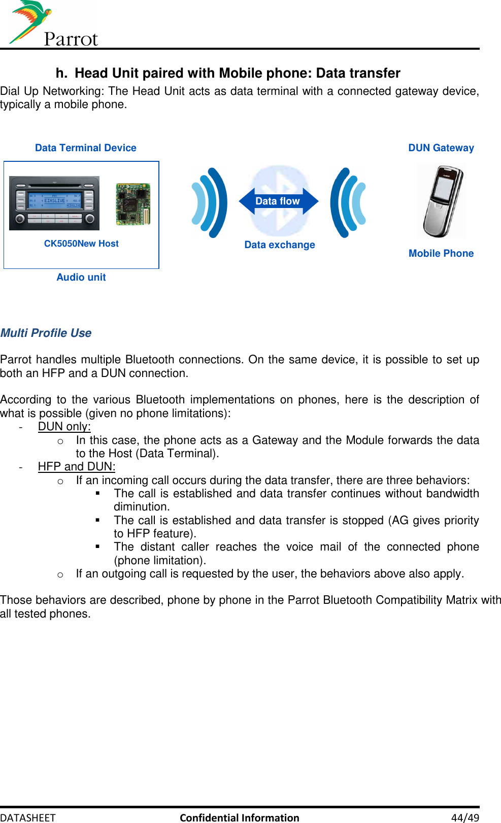     DATASHEET  Confidential Information  44/49 h.  Head Unit paired with Mobile phone: Data transfer Dial Up Networking: The Head Unit acts as data terminal with a connected gateway device, typically a mobile phone.    DUN Gateway Data Terminal DeviceMobile PhoneAudio unitCK5050New Host Data exchangeData flow   Multi Profile Use  Parrot handles multiple Bluetooth connections. On the same device, it is possible to set up both an HFP and a DUN connection.  According  to  the  various  Bluetooth  implementations  on  phones,  here  is  the  description of what is possible (given no phone limitations): -  DUN only:  o  In this case, the phone acts as a Gateway and the Module forwards the data to the Host (Data Terminal). -  HFP and DUN: o  If an incoming call occurs during the data transfer, there are three behaviors:    The call is established and data transfer continues without bandwidth diminution.   The call is established and data transfer is stopped (AG gives priority to HFP feature).   The  distant  caller  reaches  the  voice  mail  of  the  connected  phone (phone limitation). o  If an outgoing call is requested by the user, the behaviors above also apply.  Those behaviors are described, phone by phone in the Parrot Bluetooth Compatibility Matrix with all tested phones.  