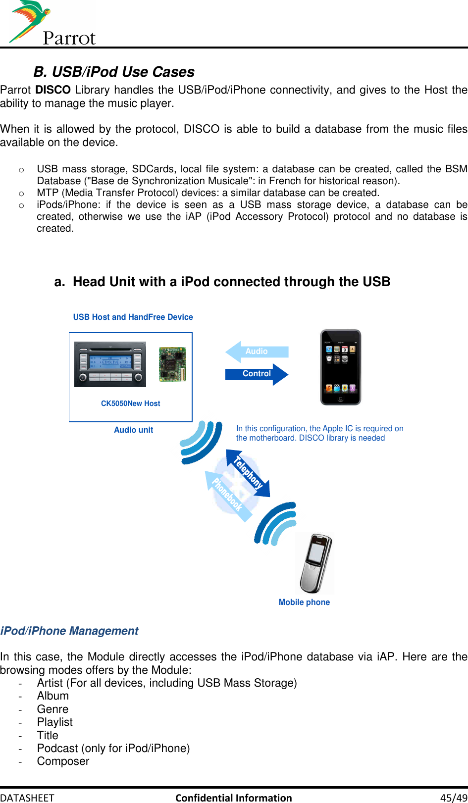     DATASHEET  Confidential Information  45/49 B. USB/iPod Use Cases Parrot DISCO Library handles the USB/iPod/iPhone connectivity, and gives to the Host the ability to manage the music player.   When it is allowed by the protocol, DISCO is able to build a database from the music files available on the device. o  USB mass storage, SDCards, local file system: a database can be created, called the BSM Database (&quot;Base de Synchronization Musicale&quot;: in French for historical reason).  o  MTP (Media Transfer Protocol) devices: a similar database can be created.  o  iPods/iPhone:  if  the  device  is  seen  as  a  USB  mass  storage  device,  a  database  can  be created,  otherwise  we  use  the  iAP  (iPod  Accessory  Protocol)  protocol  and  no  database  is created.  a.  Head Unit with a iPod connected through the USB    In this configuration, the Apple IC is required on the motherboard. DISCO library is needed DISCO library is needed) USB Host and HandFree DeviceAudio unitMobile phone AudioControlCK5050New Host   iPod/iPhone Management  In this case, the Module directly accesses the iPod/iPhone database via iAP. Here are the browsing modes offers by the Module: -  Artist (For all devices, including USB Mass Storage) -  Album -  Genre -  Playlist -  Title -  Podcast (only for iPod/iPhone) -  Composer 