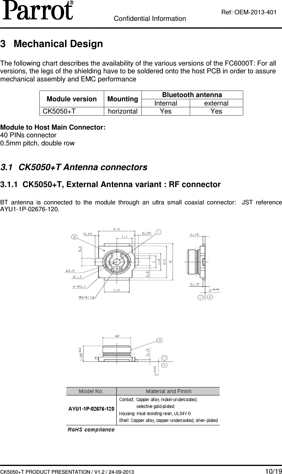   CK5050+T PRODUCT PRESENTATION3 Mechanical Design The following chart describes the availability of the various versions of the FC6000T: For all versions, the legs of the shielding have to be soldered onto the host PCB in order to assure mechanical assembly and EMC performance Module versionCK5050+T  Module to Host Main Connector:40 PINs connector  0.5mm pitch, double row   3.1  CK5050+T Antenna3.1.1  CK5050+T, External BT  antenna  is  connected  to  the  module  through  an  ultra  small  coaxial  connector:   AYU1-1P-02676-120.         Confidential Information CK5050+T PRODUCT PRESENTATION / V1.2 / 24-09-2013  Ref: Mechanical Design describes the availability of the various versions of the FC6000T: For all versions, the legs of the shielding have to be soldered onto the host PCB in order to assure mechanical assembly and EMC performance Module version  Mounting Bluetooth antenna Internal externalhorizontal Yes  Yes Module to Host Main Connector: Antenna connectors External Antenna variant : RF connector BT  antenna  is  connected  to  the  module  through  an  ultra  small  coaxial  connector:       10/19 Ref: OEM-2013-401 describes the availability of the various versions of the FC6000T: For all versions, the legs of the shielding have to be soldered onto the host PCB in order to assure  external   BT  antenna  is  connected  to  the  module  through  an  ultra  small  coaxial  connector:   JST  reference  