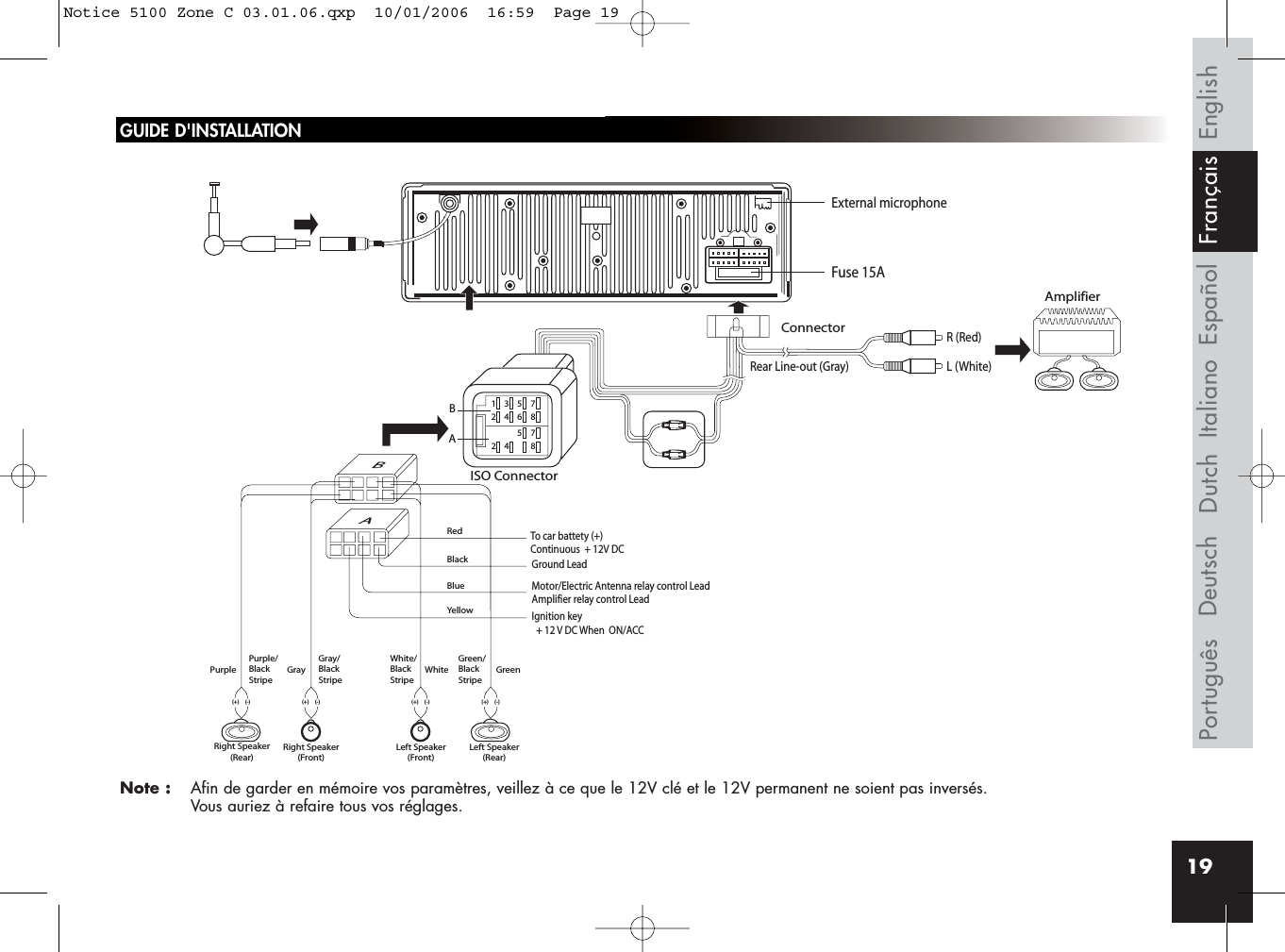 19Rear Line-out (Gray)R (Red)AmplifierConnectorISO ConnectorRedBlackBlueYellowL (White)BBA135724685724 8AIgnition key  + 12 V DC When  ON/ACCFuse 15AGround LeadMotor/Electric Antenna relay control LeadAmplifier relay control LeadTo car battety (+)Continuous  + 12V DCPurple Gray White GreenGray/BlackStripeWhite/BlackStripeGreen/BlackStripePurple/BlackStripeRight Speaker(Rear)Right Speaker(Front)(+) (-) (+) (-)(+) (-)Left Speaker(Front)Left Speaker(Rear)(+) (-)External microphoneEnglishEspañolItalianoDeutschPortuguês Dutch FrançaisGUIDE D&apos;INSTALLATIONNote : Afin de garder en mémoire vos paramètres, veillez à ce que le 12V clé et le 12V permanent ne soient pas inversés. Vous auriez à refaire tous vos réglages.Notice 5100 Zone C 03.01.06.qxp  10/01/2006  16:59  Page 19