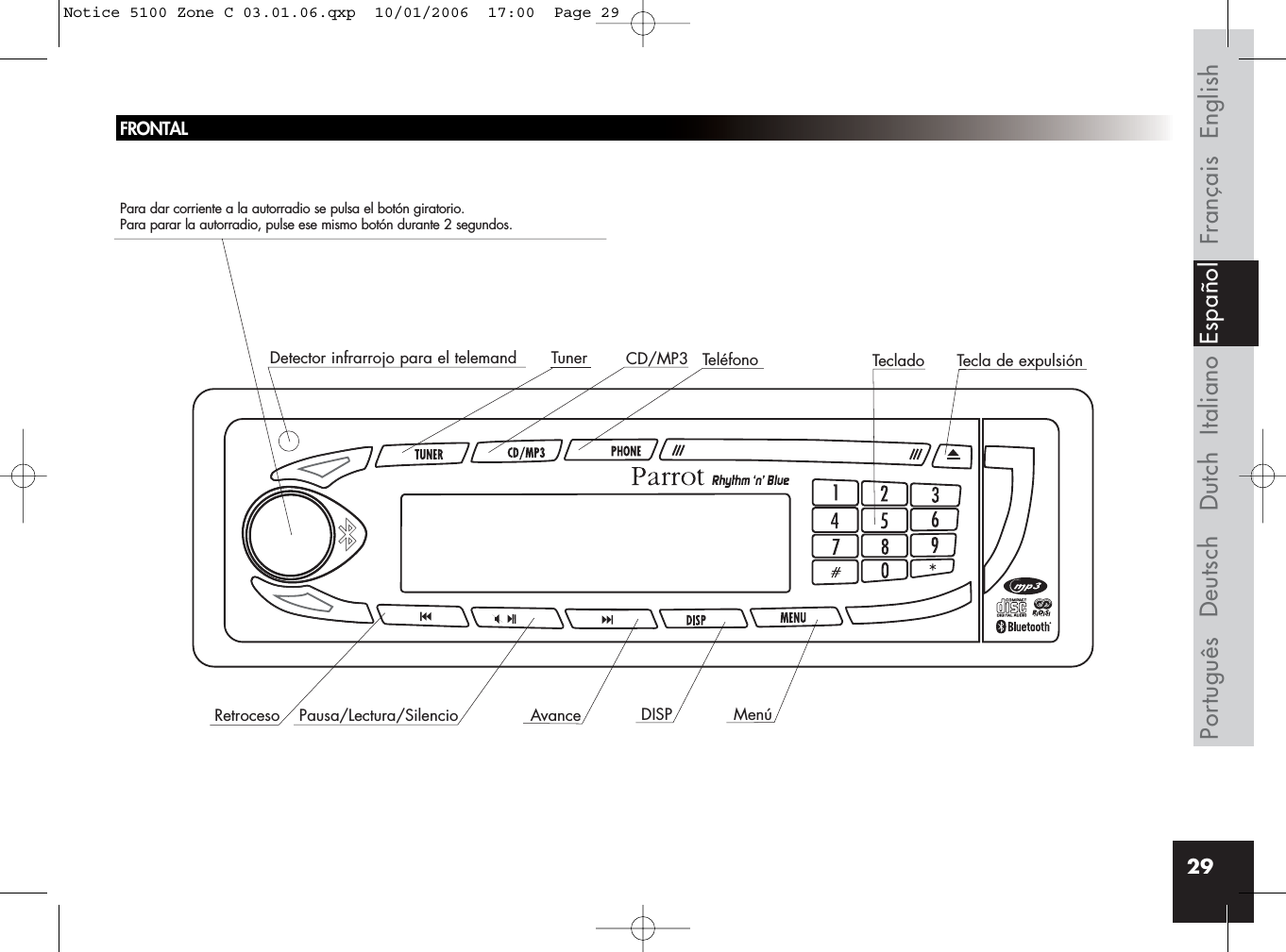 29FRONTALPara dar corriente a la autorradio se pulsa el botón giratorio. Para parar la autorradio, pulse ese mismo botón durante 2 segundos.Detector infrarrojo para el telemand Tuner CD/MP3 TeléfonoAvanceRetroceso Pausa/Lectura/Silencio DISP MenúTecla de expulsiónTecladoFrançais EnglishItalianoDeutschPortuguês EspañolDutchNotice 5100 Zone C 03.01.06.qxp  10/01/2006  17:00  Page 29