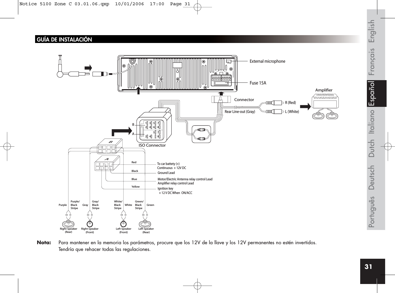 31Rear Line-out (Gray)R (Red)AmplifierConnectorISO ConnectorRedBlackBlueYellowL (White)BBA135724685724 8AIgnition key  + 12 V DC When  ON/ACCFuse 15AGround LeadMotor/Electric Antenna relay control LeadAmplifier relay control LeadTo car battety (+)Continuous  + 12V DCPurple Gray White GreenGray/BlackStripeWhite/BlackStripeGreen/BlackStripePurple/BlackStripeRight Speaker(Rear)Right Speaker(Front)(+) (-) (+) (-)(+) (-)Left Speaker(Front)Left Speaker(Rear)(+) (-)External microphoneFrançais EnglishItalianoDeutschPortuguês EspañolDutchGUÍA DE INSTALACIÓNNota: Para mantener en la memoria los parámetros, procure que los 12V de la llave y los 12V permanentes no estén invertidos. Tendría que rehacer todas las regulaciones.Notice 5100 Zone C 03.01.06.qxp  10/01/2006  17:00  Page 31