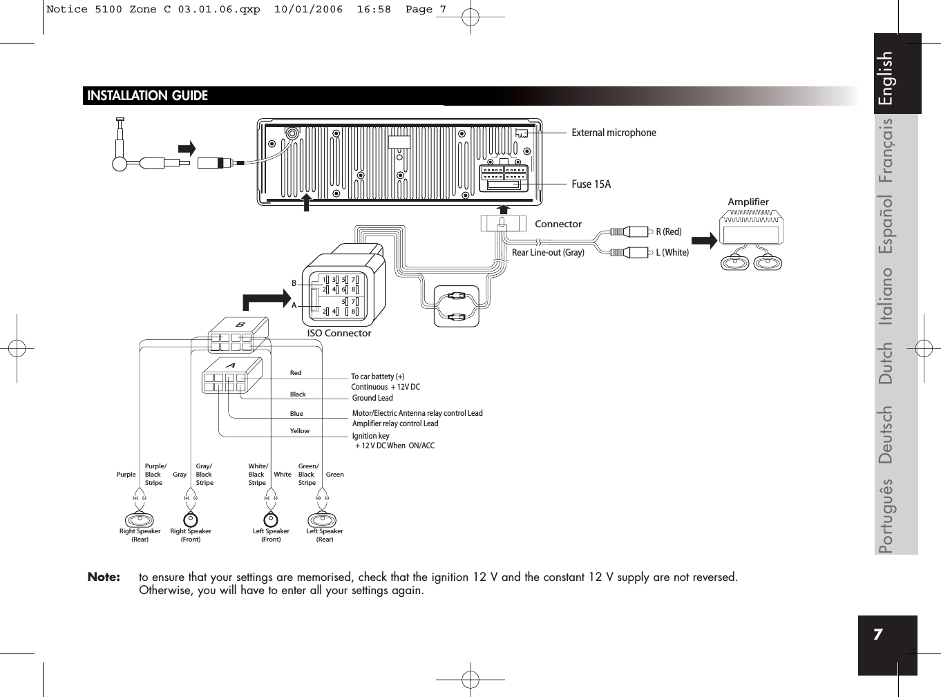 7INSTALLATION GUIDENote: to ensure that your settings are memorised, check that the ignition 12 V and the constant 12 V supply are not reversed. Otherwise, you will have to enter all your settings again.Rear Line-out (Gray)R (Red)AmplifierConnectorISO ConnectorRedBlackBlueYellowL (White)BBA135724685724 8AIgnition key  + 12 V DC When  ON/ACCFuse 15AGround LeadMotor/Electric Antenna relay control LeadAmplifier relay control LeadTo car battety (+)Continuous  + 12V DCPurple Gray White GreenGray/BlackStripeWhite/BlackStripeGreen/BlackStripePurple/BlackStripeRight Speaker(Rear)Right Speaker(Front)(+) (-) (+) (-)(+) (-)Left Speaker(Front)Left Speaker(Rear)(+) (-)External microphoneFrançaisEspañolItalianoDeutschPortuguês Dutch EnglishNotice 5100 Zone C 03.01.06.qxp  10/01/2006  16:58  Page 7