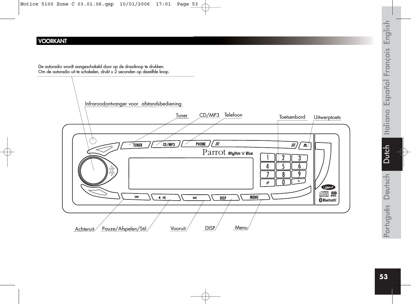 53VOORKANTDe autoradio wordt aangeschakeld door op de draaiknop te drukken.Om de autoradio uit te schakelen, drukt u 2 seconden op dezelfde knop.Infraroodontvanger voor  afstandsbedieningCD/MP3 TelefoonVooruitAchteruit Pauze/Afspelen/Stil DISP MenuUitwerptoetsToetsenbordTunerFrançais EnglishEspañolItalianoDeutschPortuguês DutchNotice 5100 Zone C 03.01.06.qxp  10/01/2006  17:01  Page 53